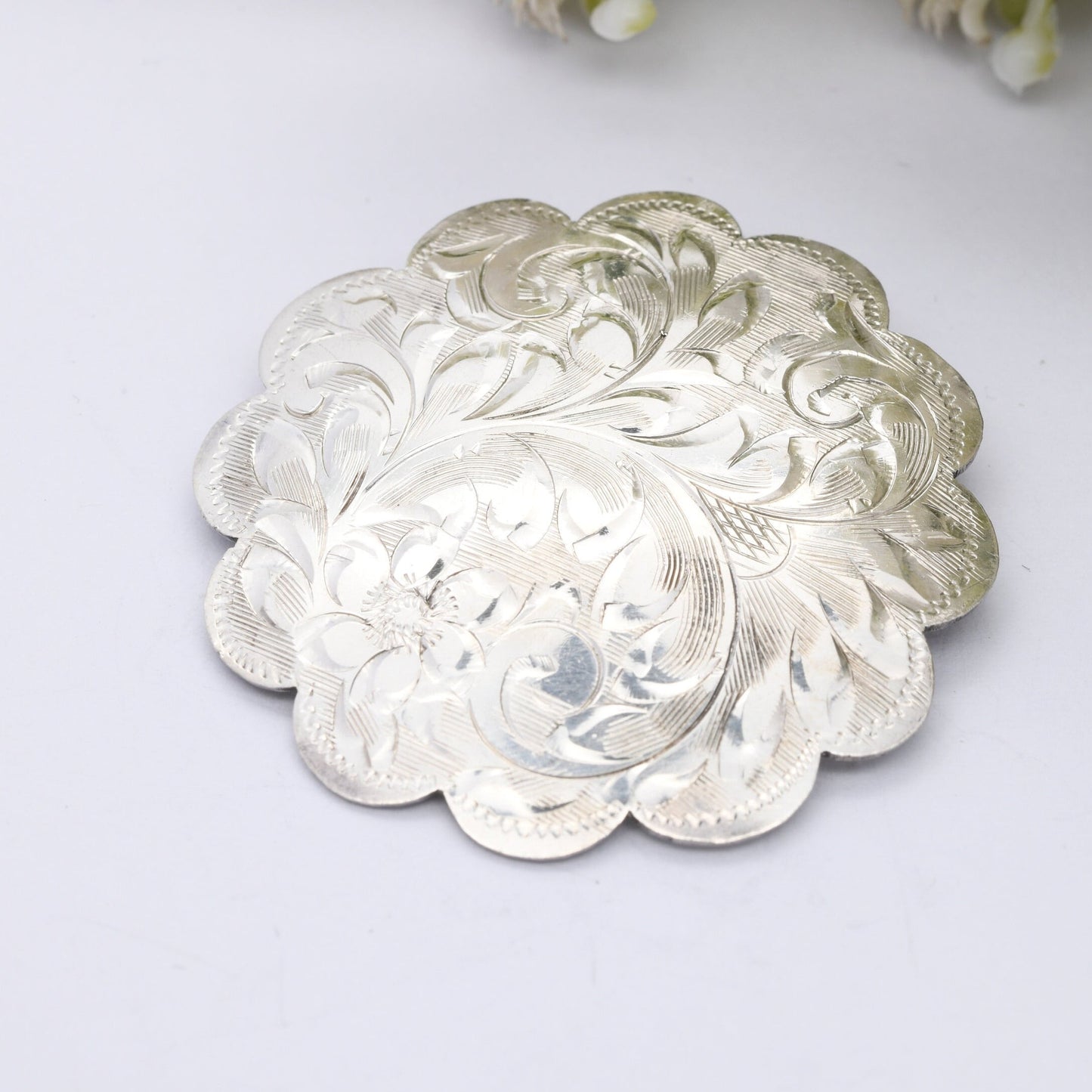 Vintage Sterling Silver Engraved Floral Scrolling Brooch - Floral Victorian Style Jewellery