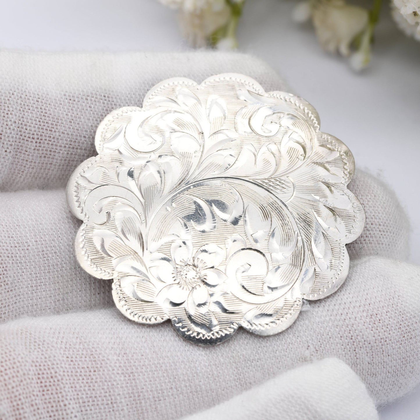 Vintage Sterling Silver Engraved Floral Scrolling Brooch - Floral Victorian Style Jewellery