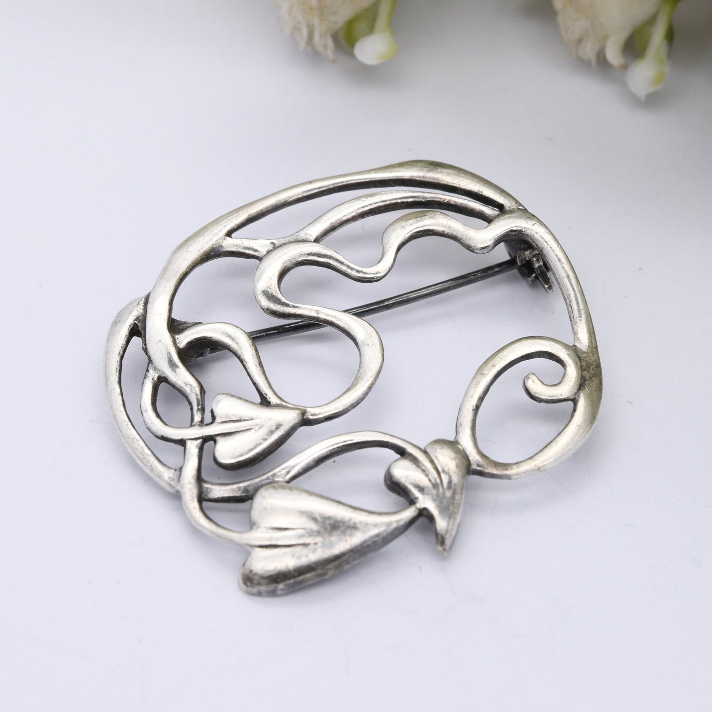 Vintage Sterling Silver Vine Leaf Brooch - Openwork Scrolling Design | Sculptural Silver