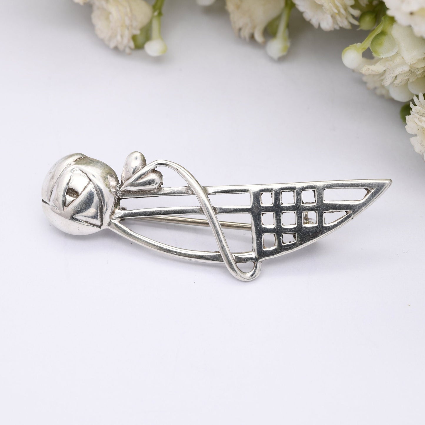 Vintage Scottish Sterling Silver Glasgow Rose Brooch 1993 by Carrick CJL - Mackintosh Stained Glass Window Style | Celtic Flower Design
