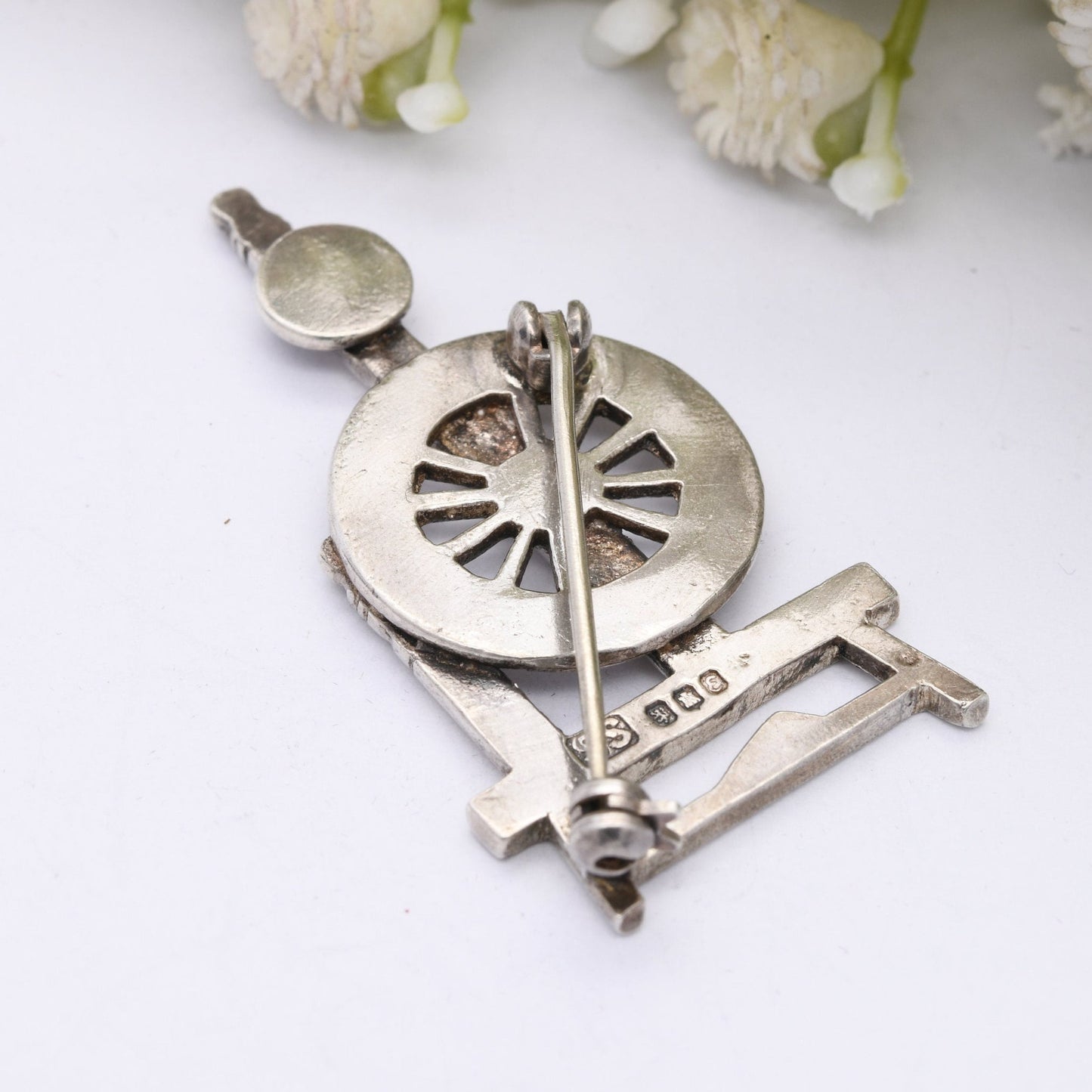 Vintage Sterling Silver Spinning Wheel Brooch 1979 by Shetland Silvercraft - Mid-Century Sculptural Scottish Silver | Edinburgh Hallmarks