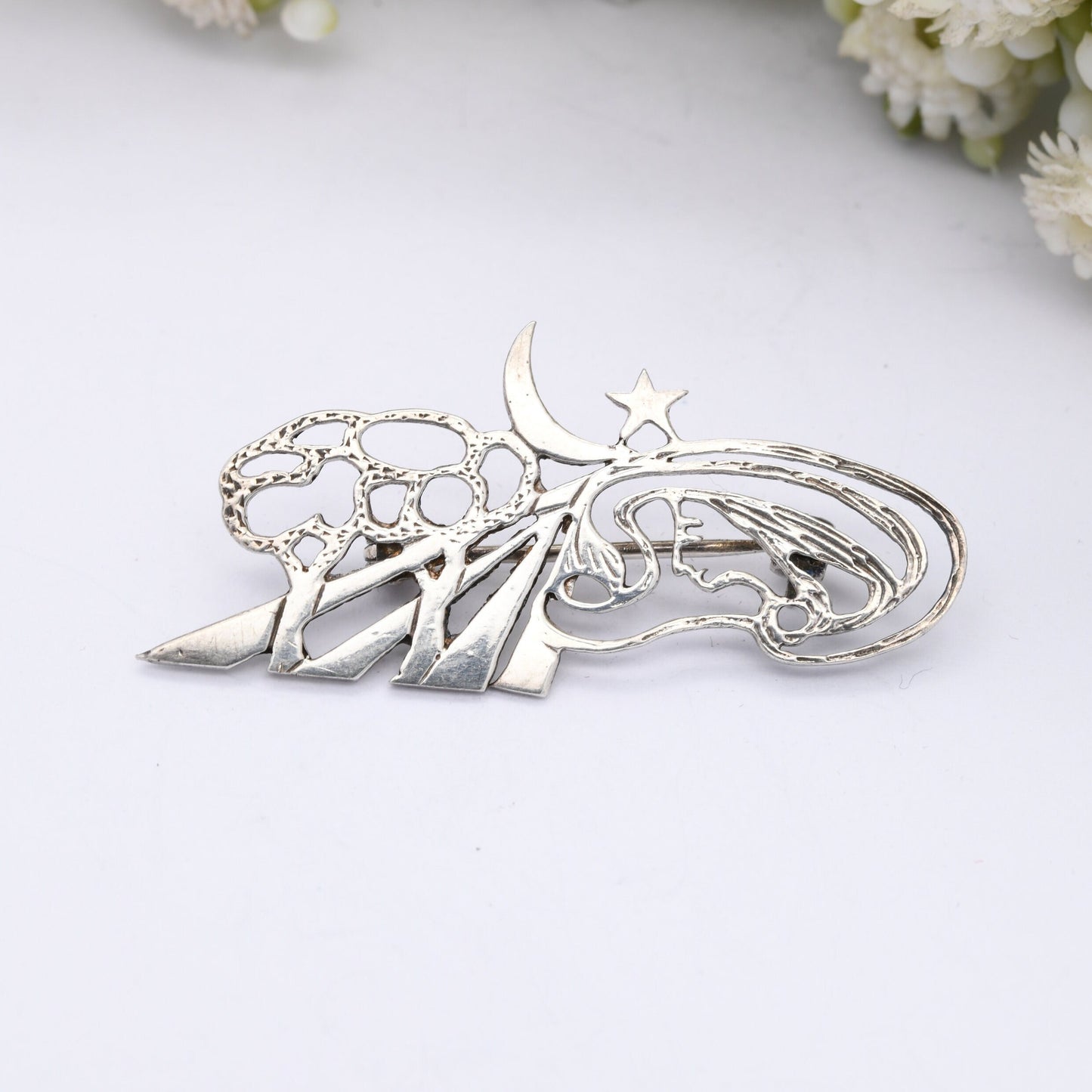Vintage Sterling Silver Openwork Sculptural Brooch - Road Tree Moon Star Face Cut Out Design | Unusual Figural Silver Jewellery