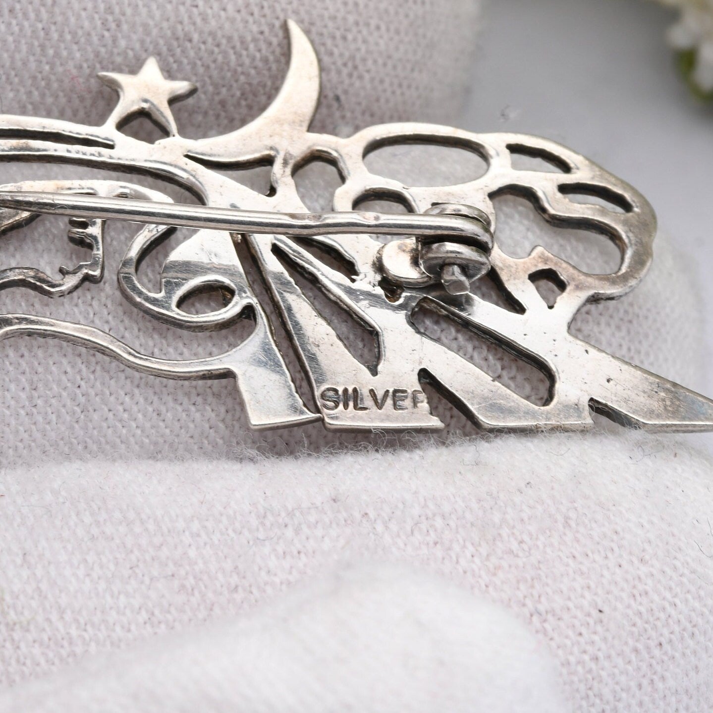 Vintage Sterling Silver Openwork Sculptural Brooch - Road Tree Moon Star Face Cut Out Design | Unusual Figural Silver Jewellery