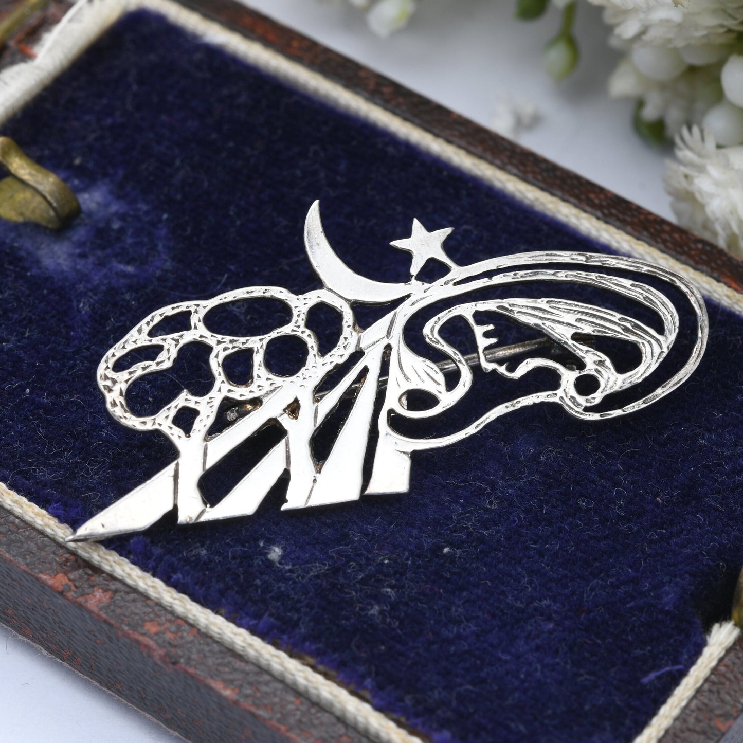Vintage Sterling Silver Openwork Sculptural Brooch - Road Tree Moon Star Face Cut Out Design | Unusual Figural Silver Jewellery