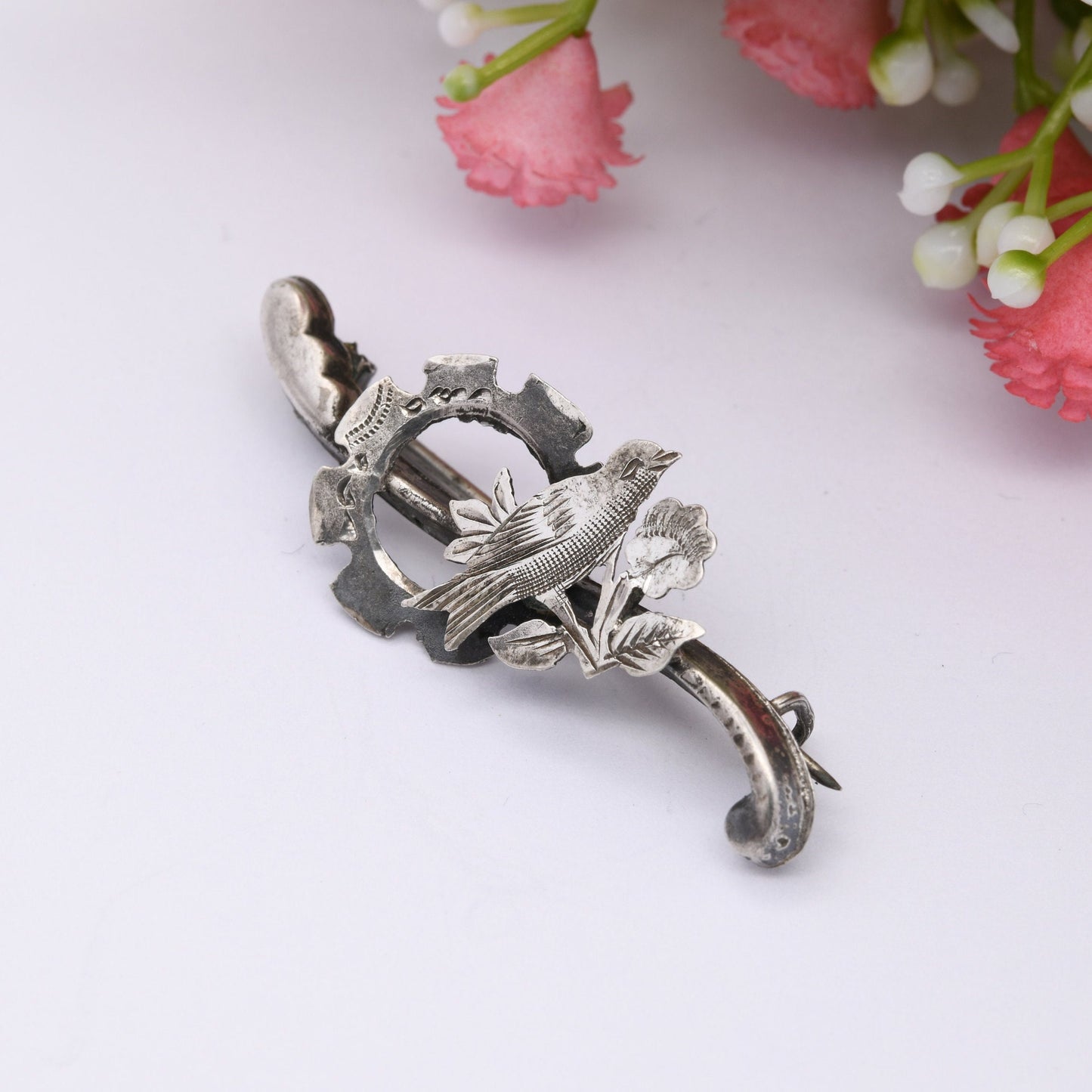 Antique Edwardian Sterling Silver Bird on a Branch Brooch 1905 - Victorian Aesthetic Movement Style