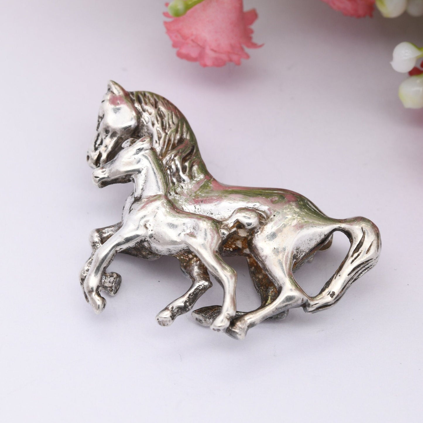 Vintage Sterling Silver Horse and Foal Brooch 1999 - Novelty Animal Jewellery | Gift for Horse Lover