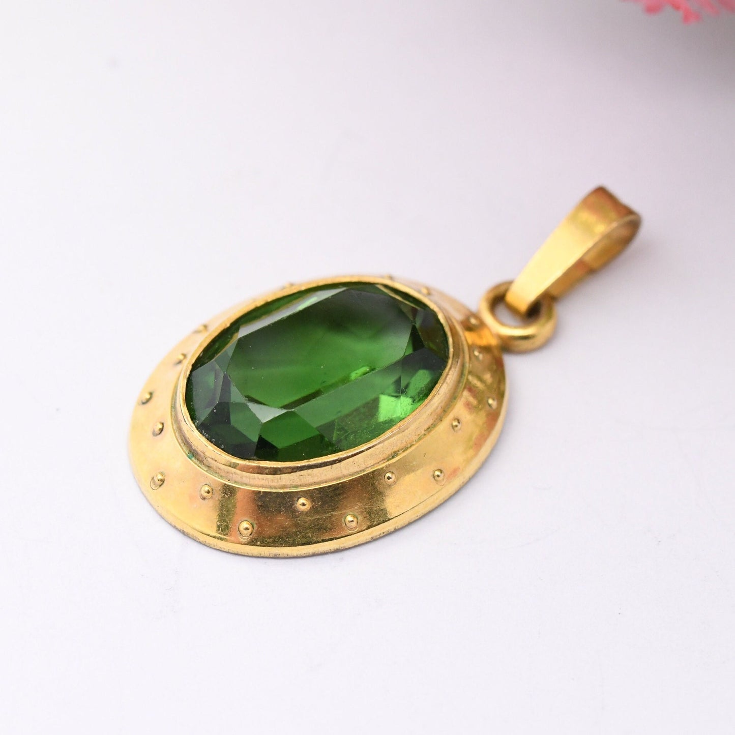 Vintage Andreas Daub Rolled Gold Pendant A*D - Mid-Century Large Green Paste Stone | German Designer