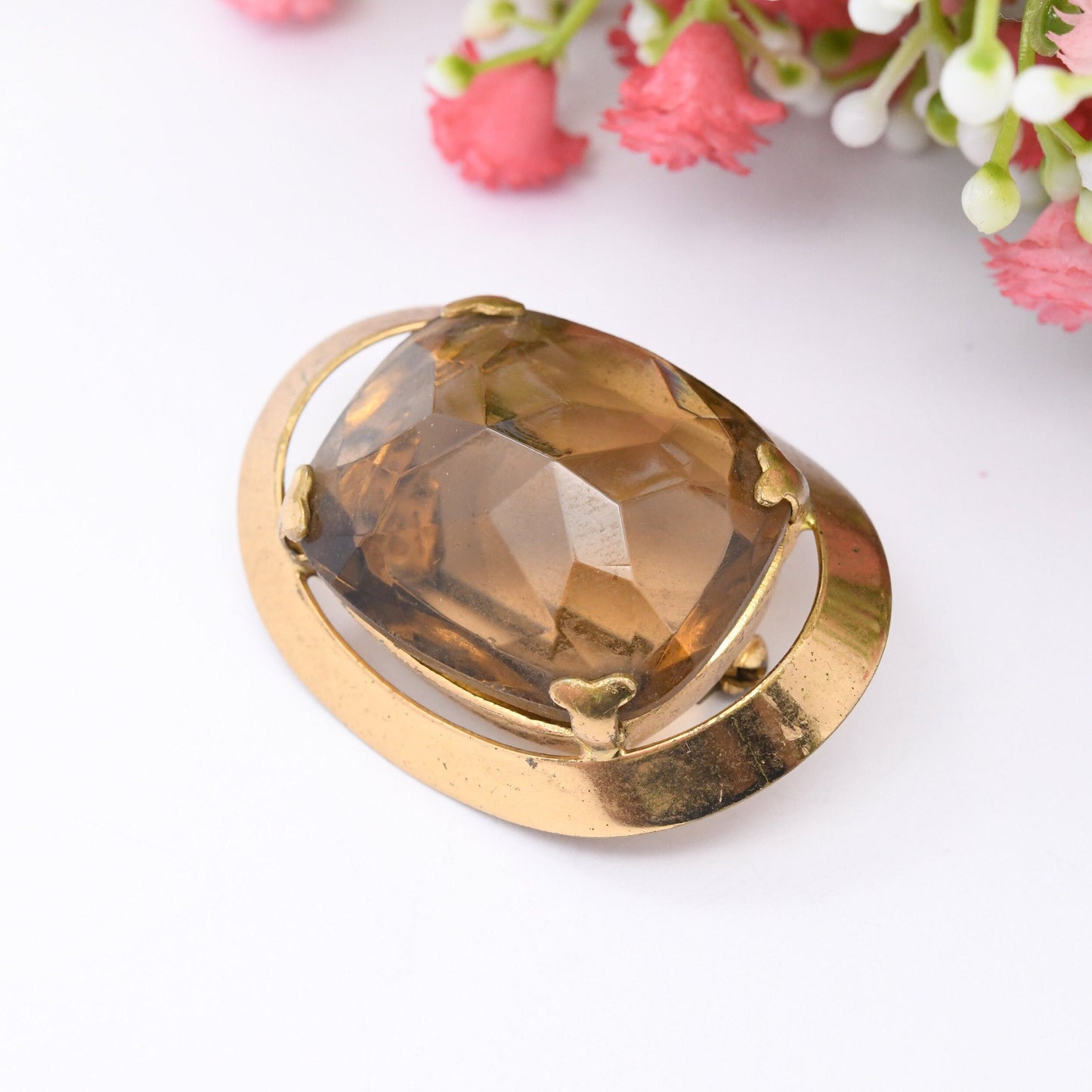 Antique Gold Plated Statement Brooch with Large Smoky Glass Stones - Mid-Century Costume Jewellery