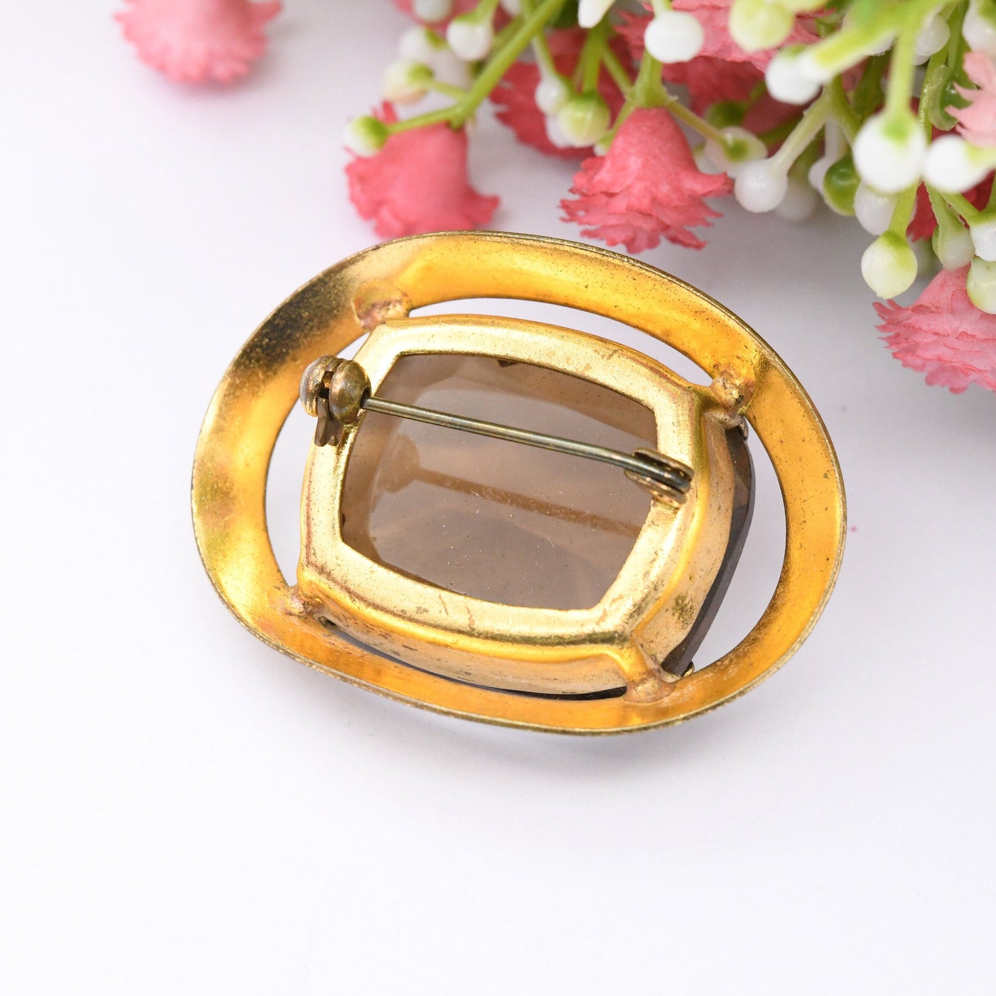 Antique Gold Plated Statement Brooch with Large Smoky Glass Stones - Mid-Century Costume Jewellery