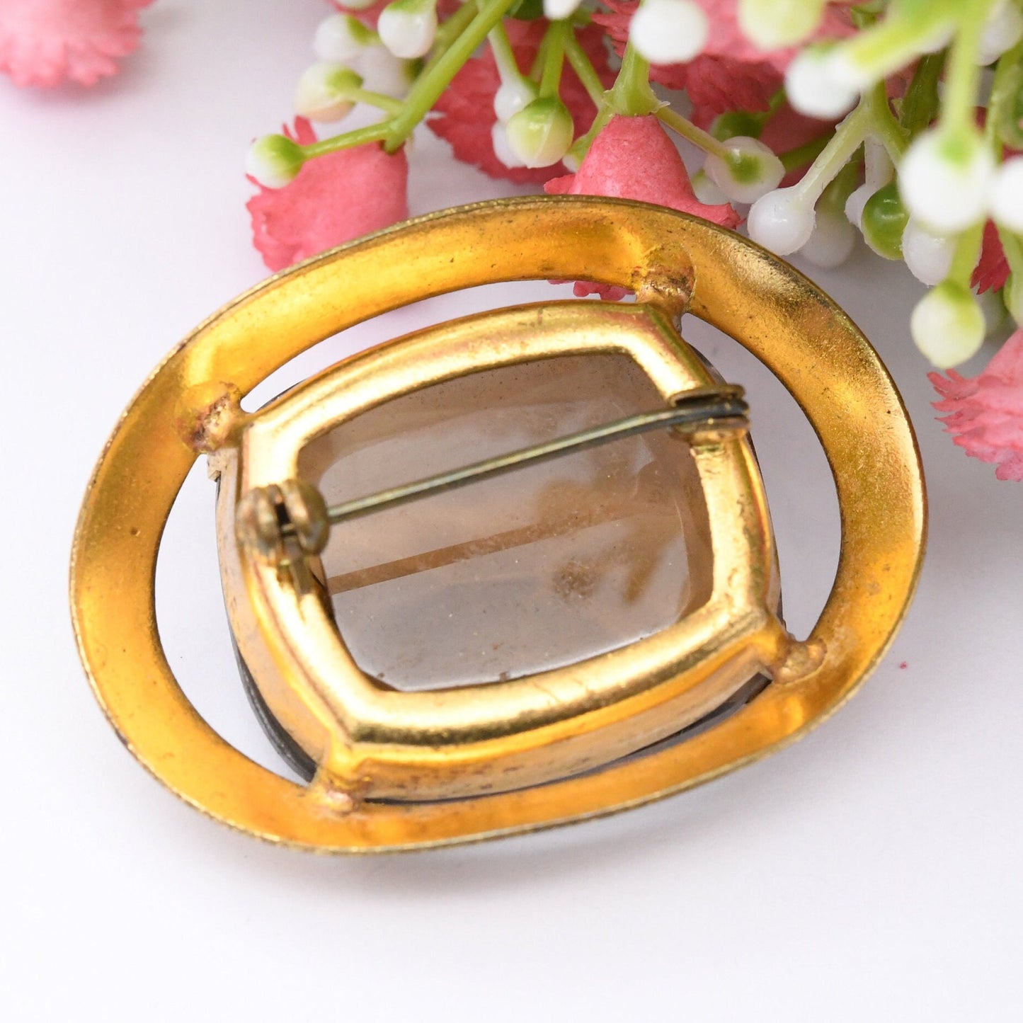 Antique Gold Plated Statement Brooch with Large Smoky Glass Stones - Mid-Century Costume Jewellery