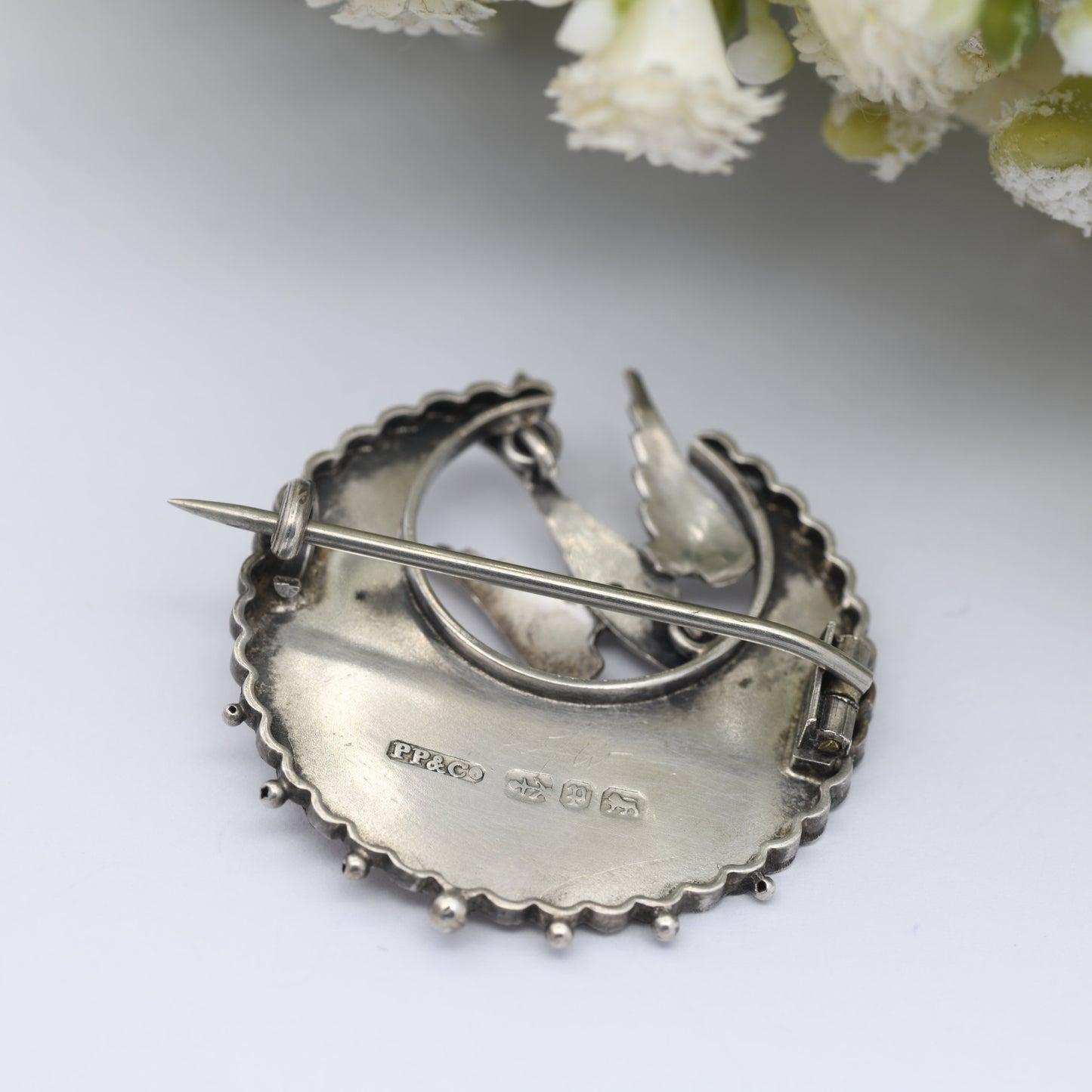 Antique Victorian Sterling Silver Brooch 1889 with Swallow Bird by Payton Pepper & Co - Aesthetic Movement Brooch with Rose Gold Accents