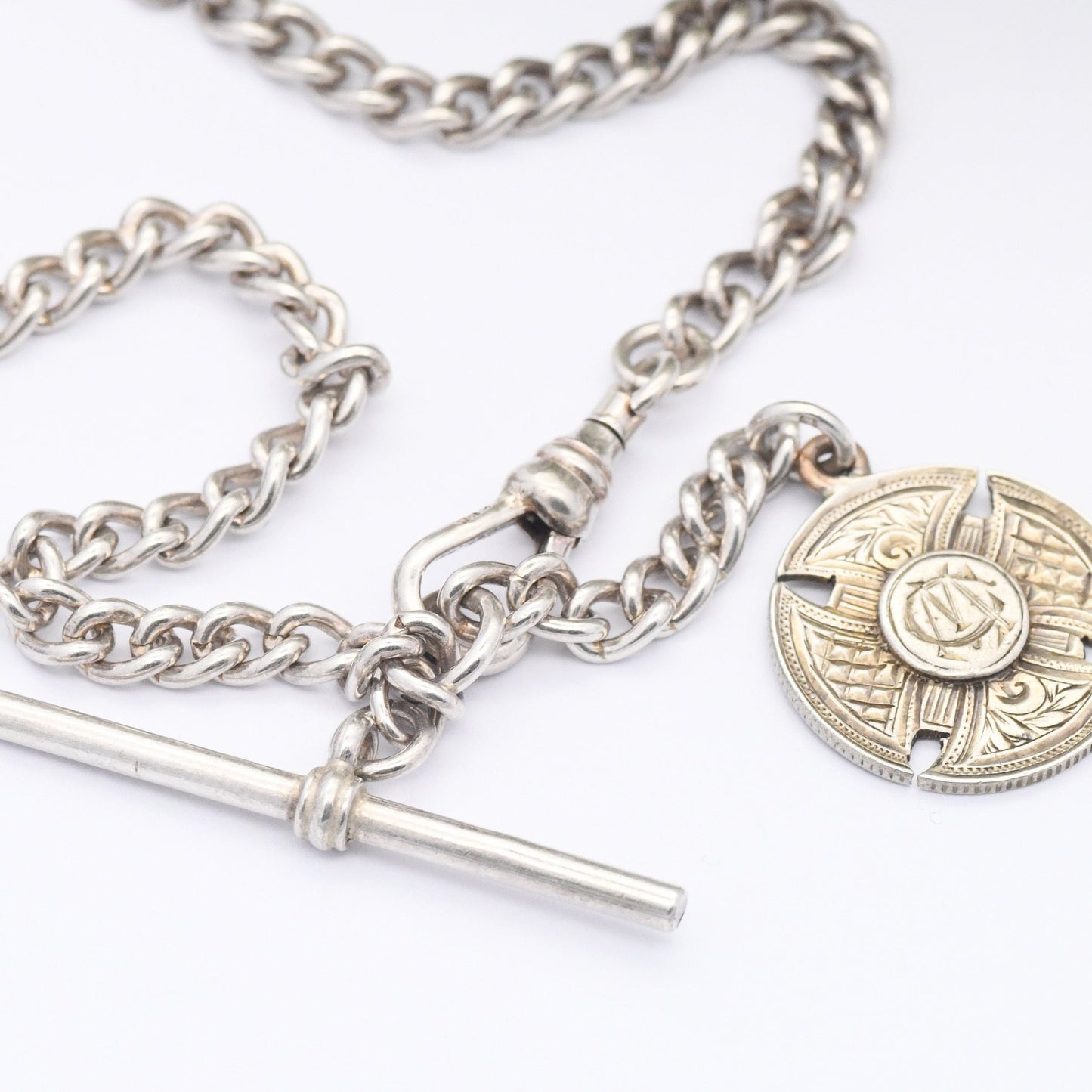 Vintage Sterling Silver Albert Chain with T-Bar & Dog Clip 1975 with Antique 1912 Sixpence Coin Love Token | Victorian Style Watch Chain
