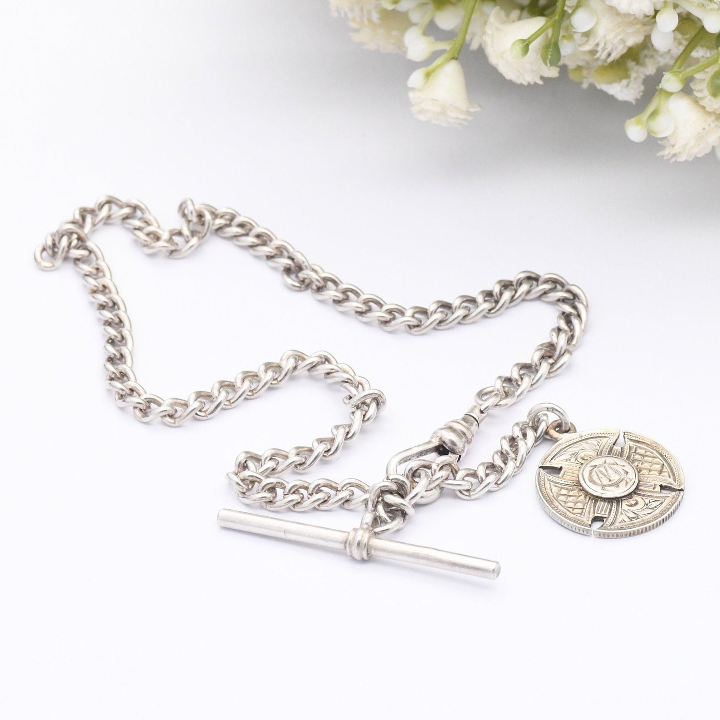 Vintage Sterling Silver Albert Chain with T-Bar & Dog Clip 1975 with Antique 1912 Sixpence Coin Love Token | Victorian Style Watch Chain