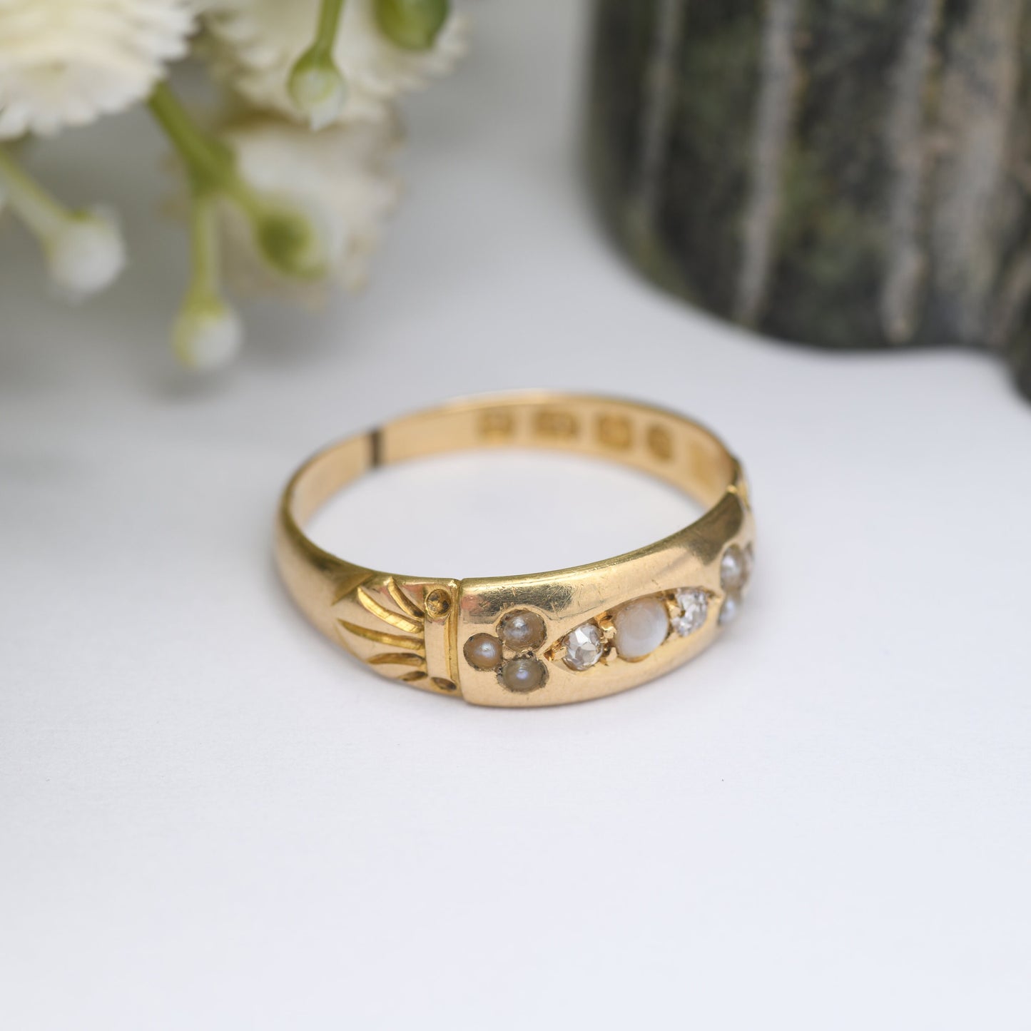 Antique Victorian 18ct Gold Diamond and Pearl Ring 1891 - Beautiful Antique Gold Jewellery | UK Size - O | US Size - 7