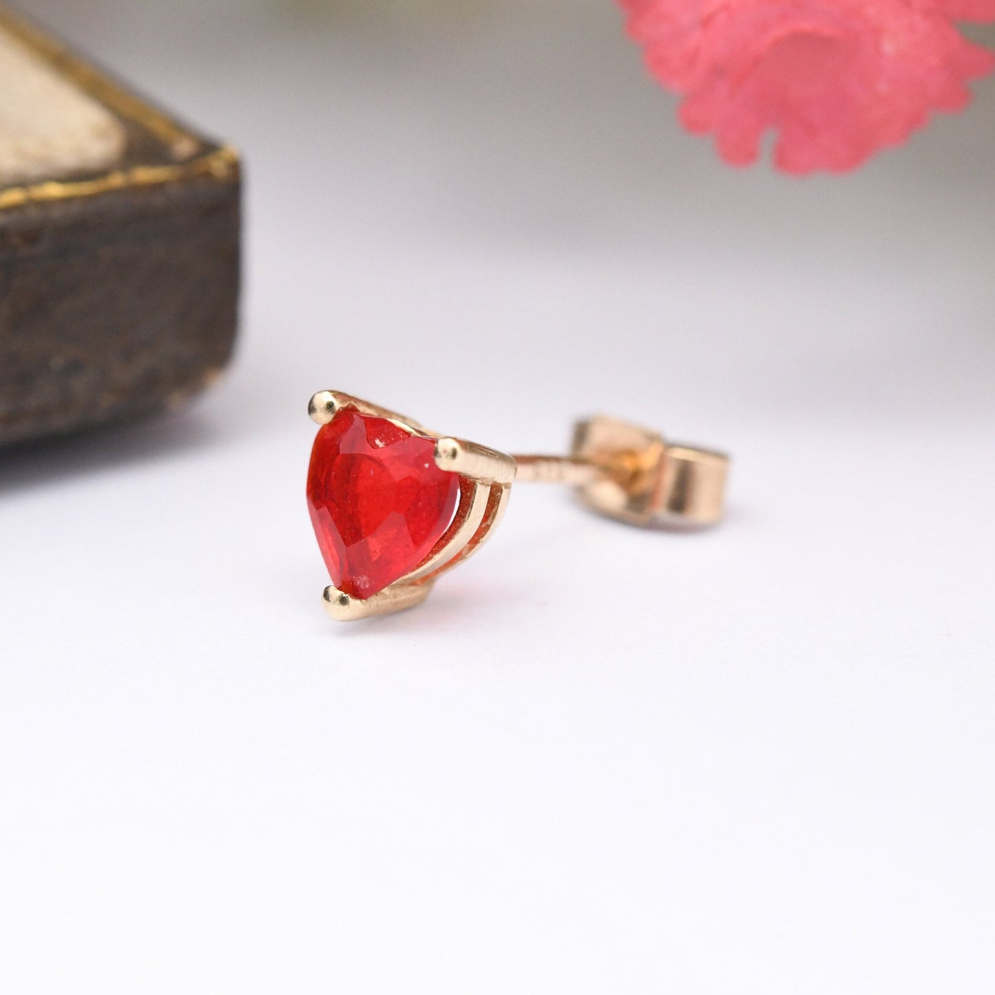 Vintage 9ct Gold Heart Single Stud Earring with Red Stone and Butterfly Back