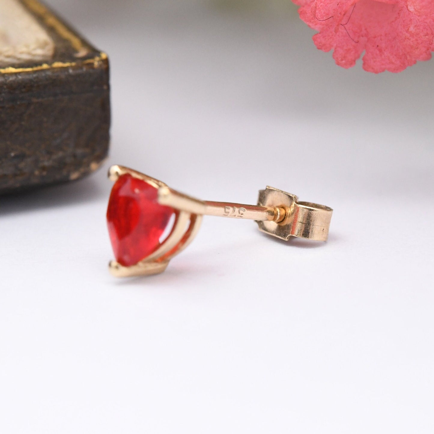 Vintage 9ct Gold Heart Single Stud Earring with Red Stone and Butterfly Back