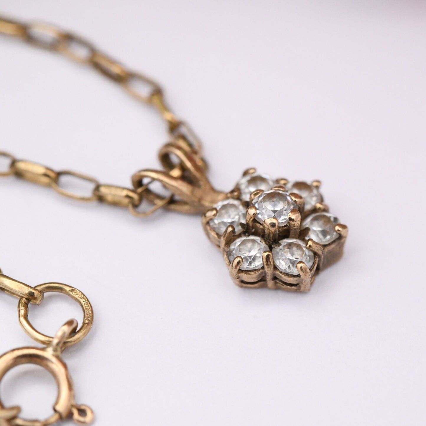 Vintage 9ct Gold Flower Pendant Necklace on Cable Link Chain 1991 with Clear Stones