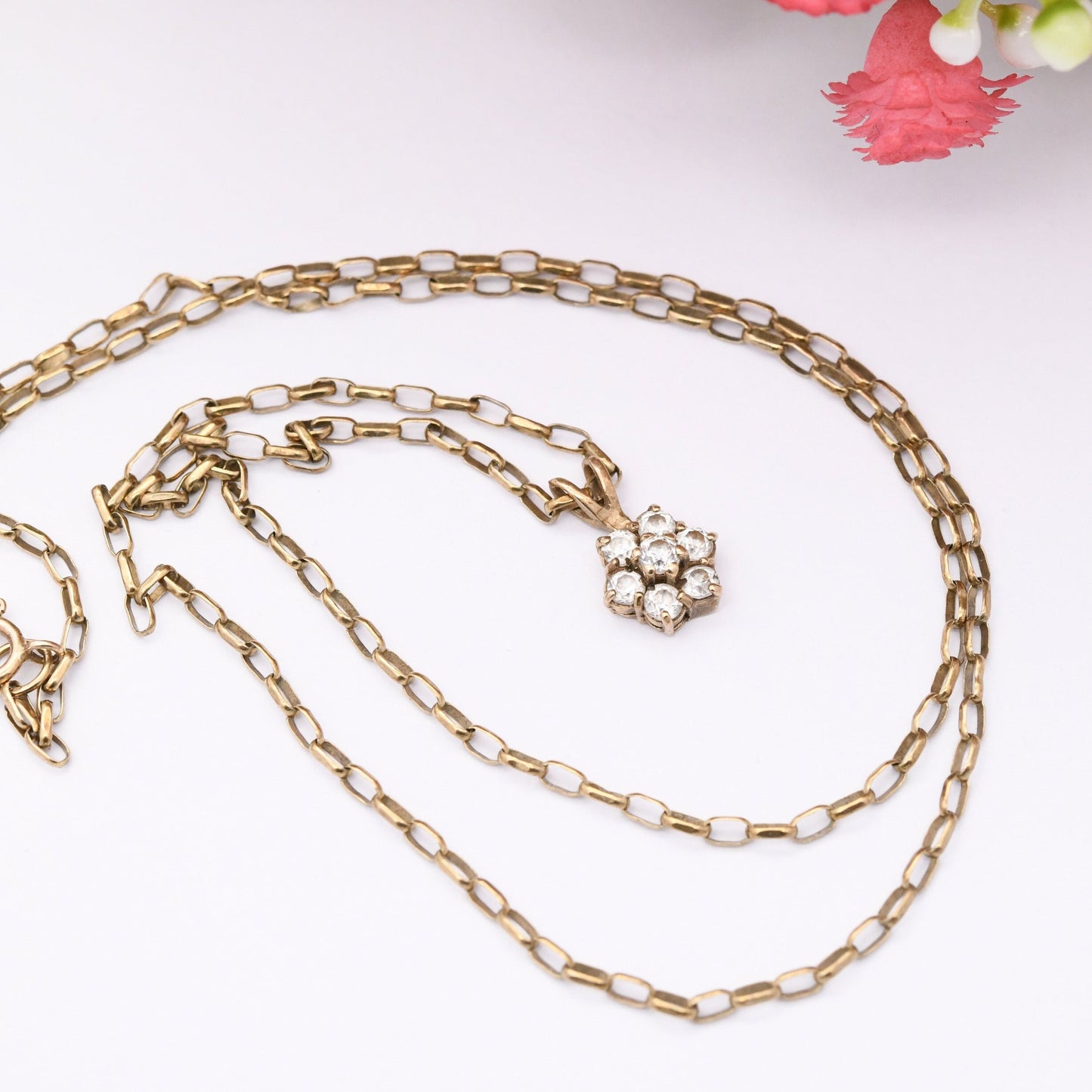 Vintage 9ct Gold Flower Pendant Necklace on Cable Link Chain 1991 with Clear Stones