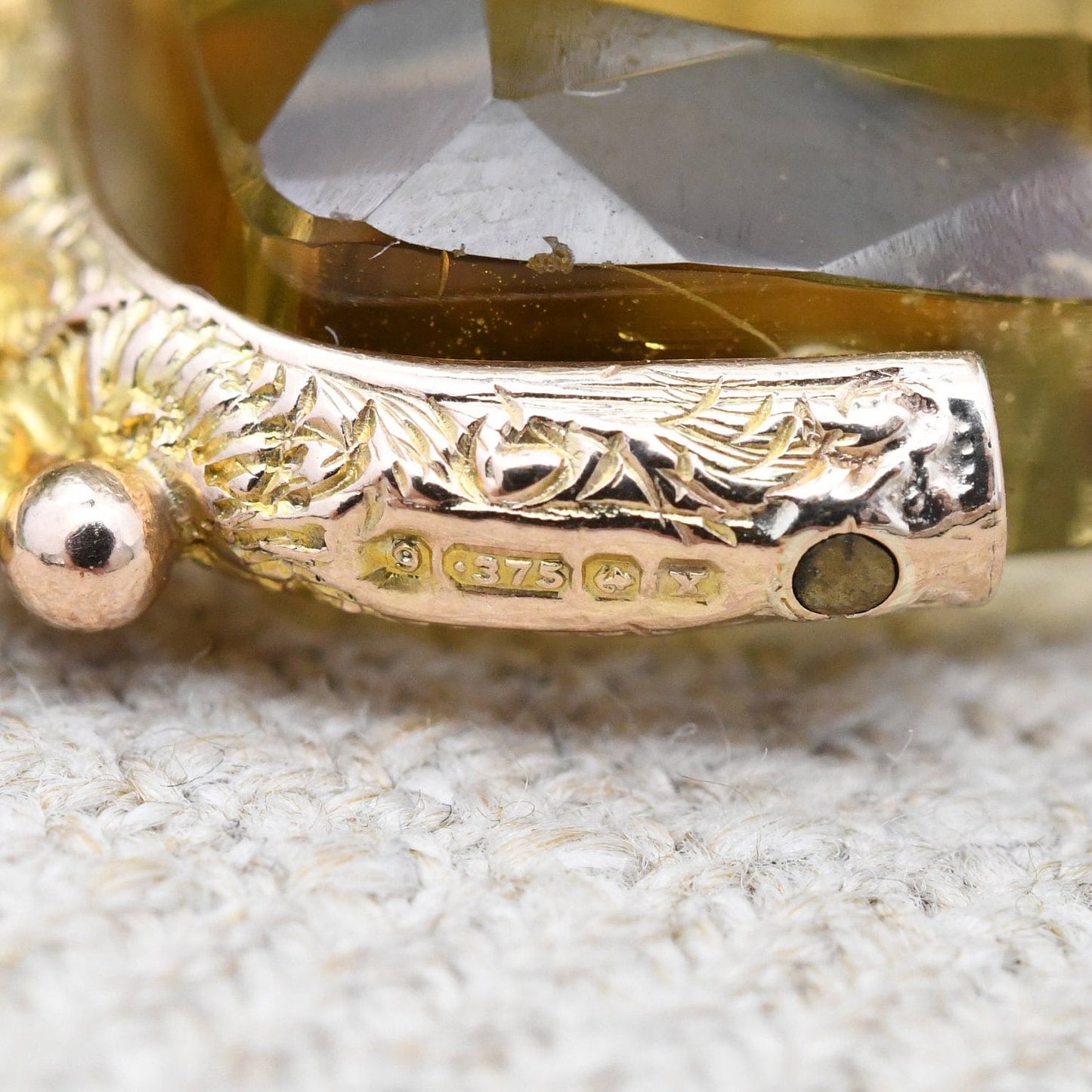 Antique 9ct Gold Citrine Spinner Fob with Shield Plaque 1922 - Faceted Gemstone Watch Fob Pendant | Ornate Design