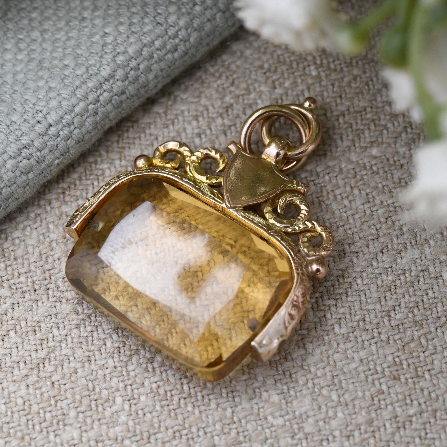Antique 9ct Gold Citrine Spinner Fob with Shield Plaque 1922 - Faceted Gemstone Watch Fob Pendant | Ornate Design