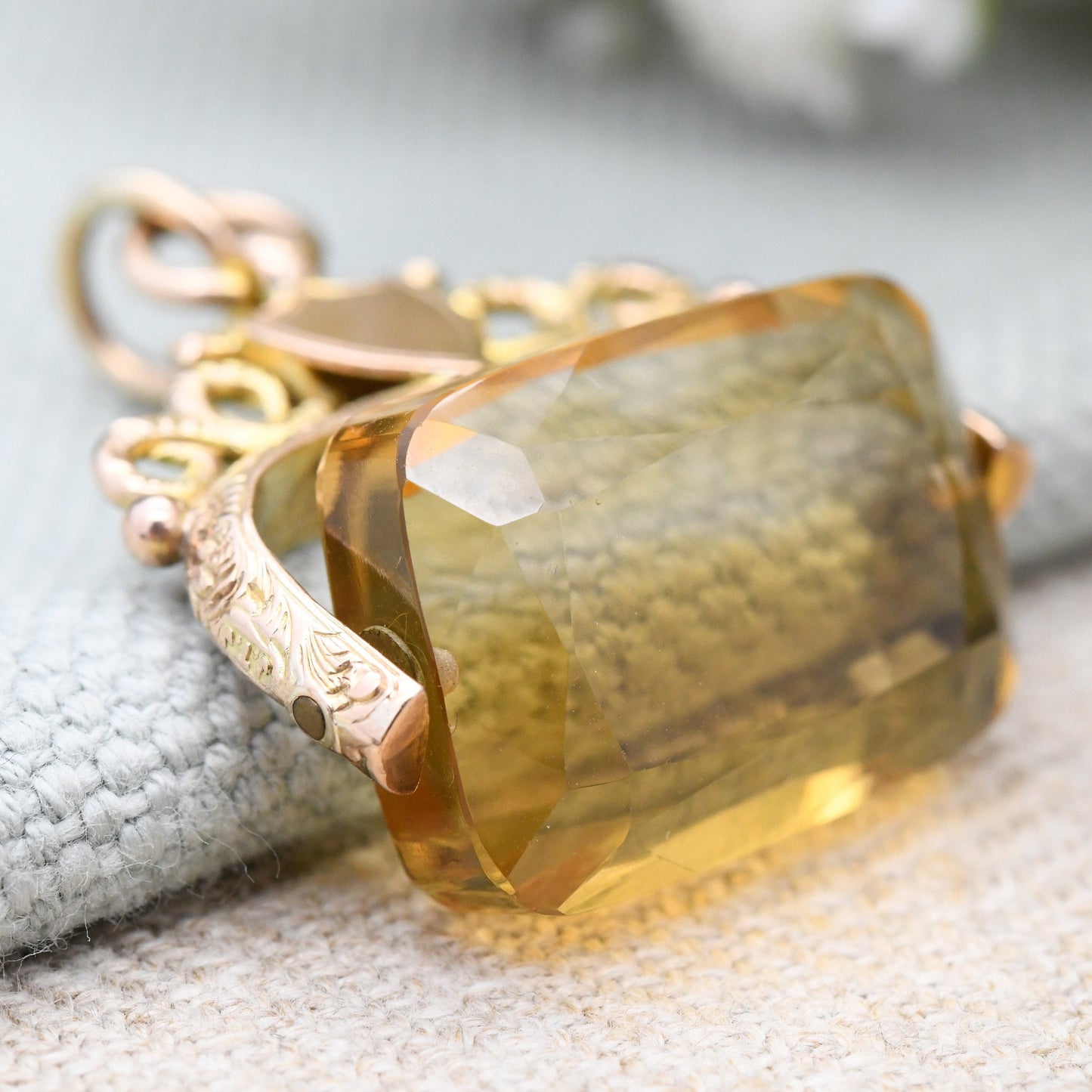 Antique 9ct Gold Citrine Spinner Fob with Shield Plaque 1922 - Faceted Gemstone Watch Fob Pendant | Ornate Design