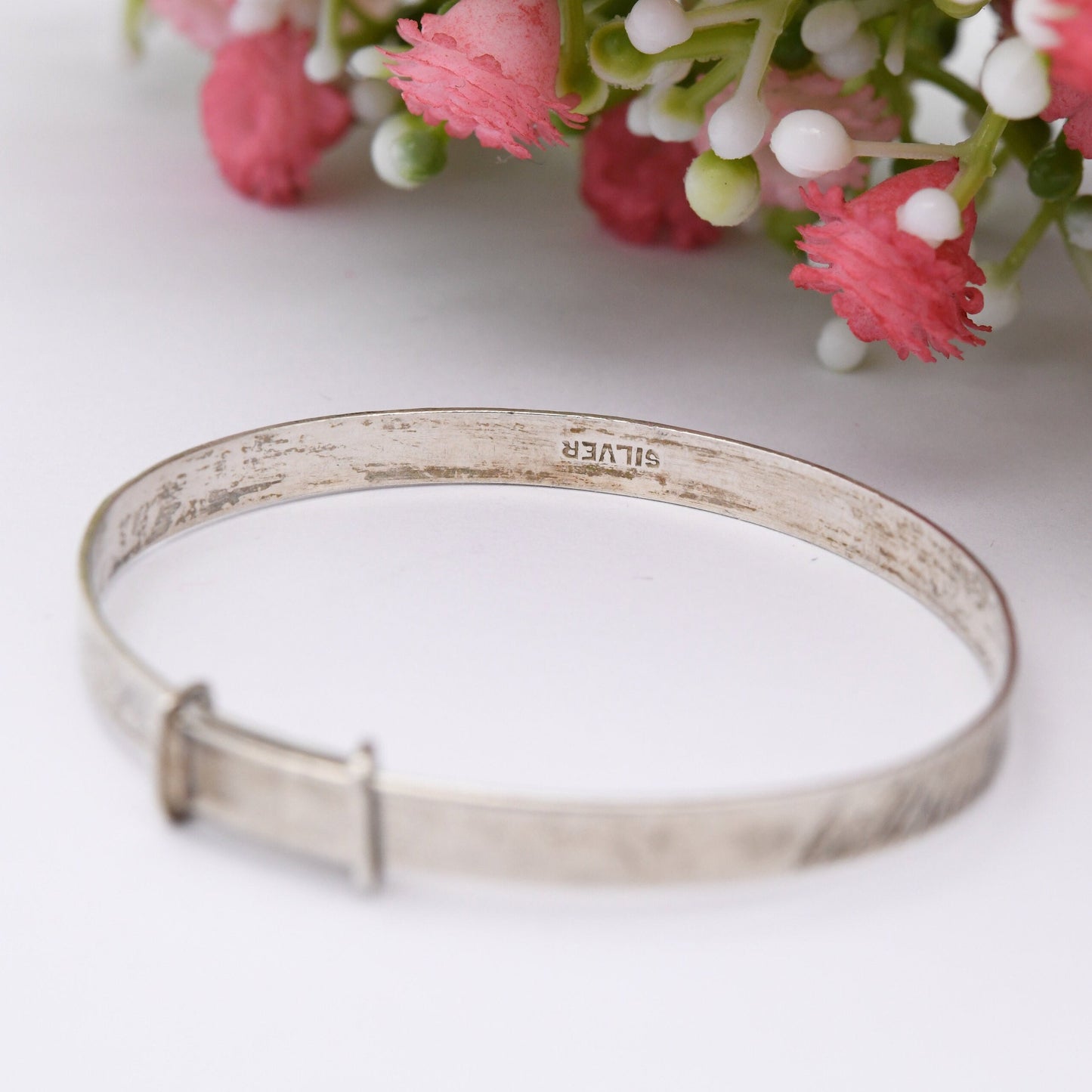 Vintage Sterling Silver Baby Bangle Bracelet - Expanding Child Bangle | Diamond Cut Stripes Design