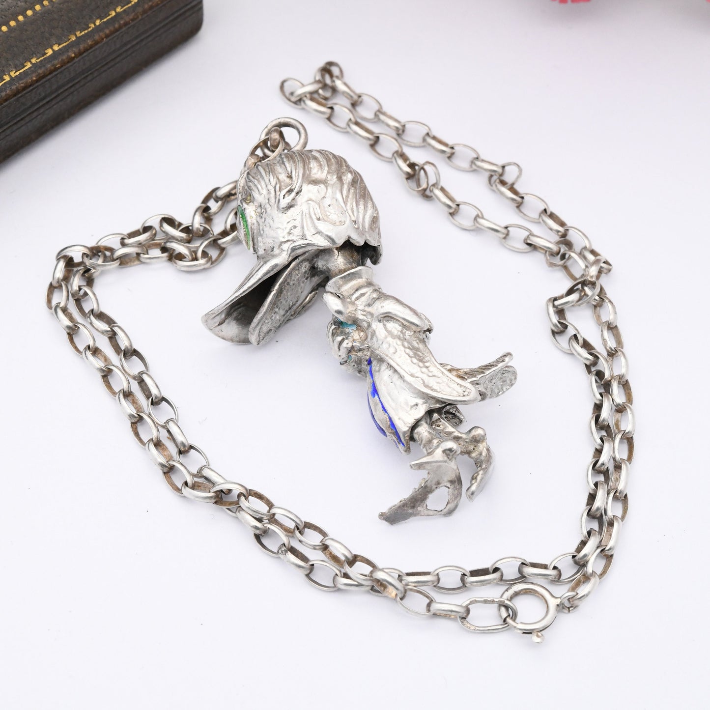 Vintage Sterling Silver Articulated Duck Pendant Necklace with Enamel Opening Beak - Novelty Animal Gift | Unusual Donald Duck
