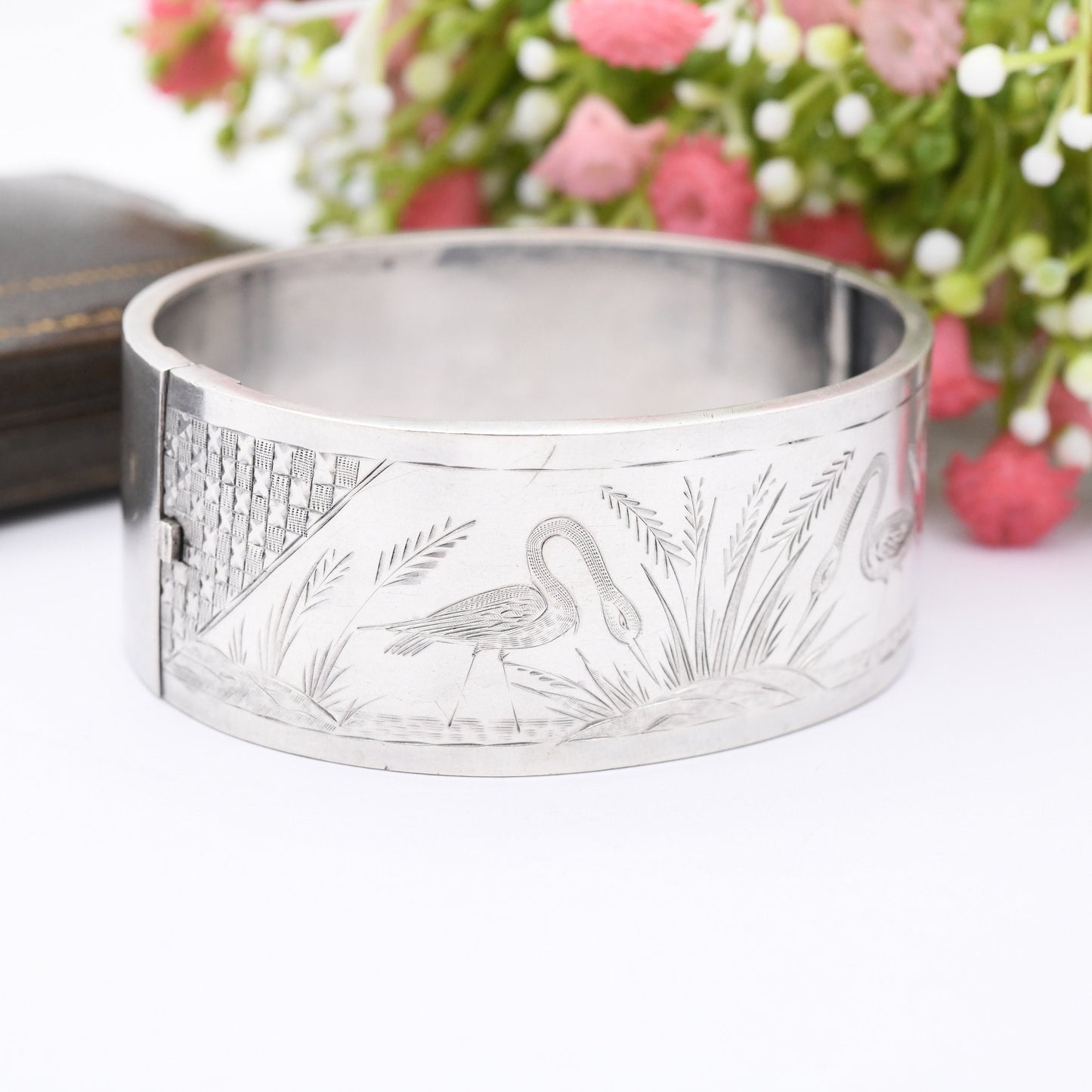Antique Victorian Silver Aesthetic Bangle with Heron and Reed Design