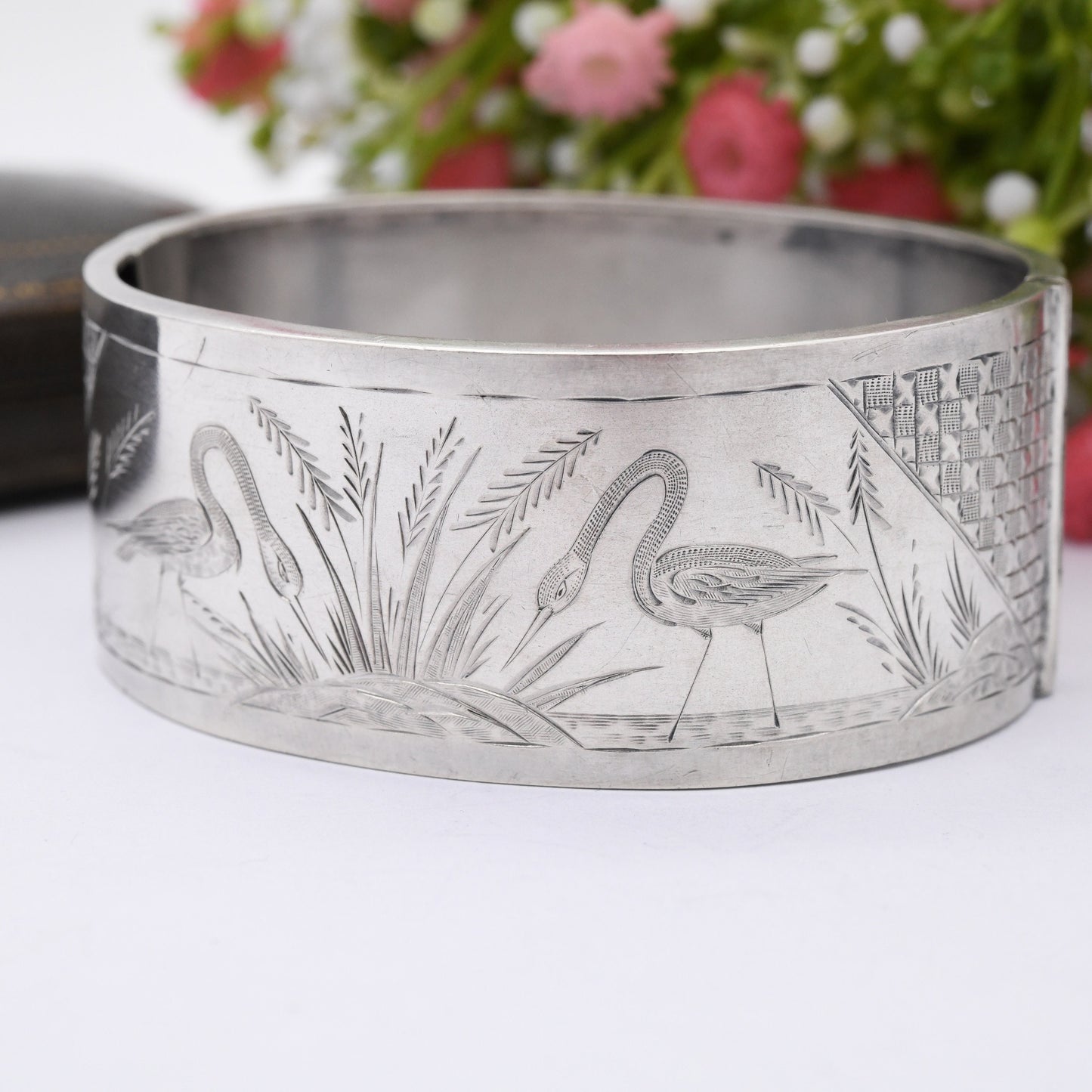 Antique Victorian Silver Aesthetic Bangle with Heron and Reed Design