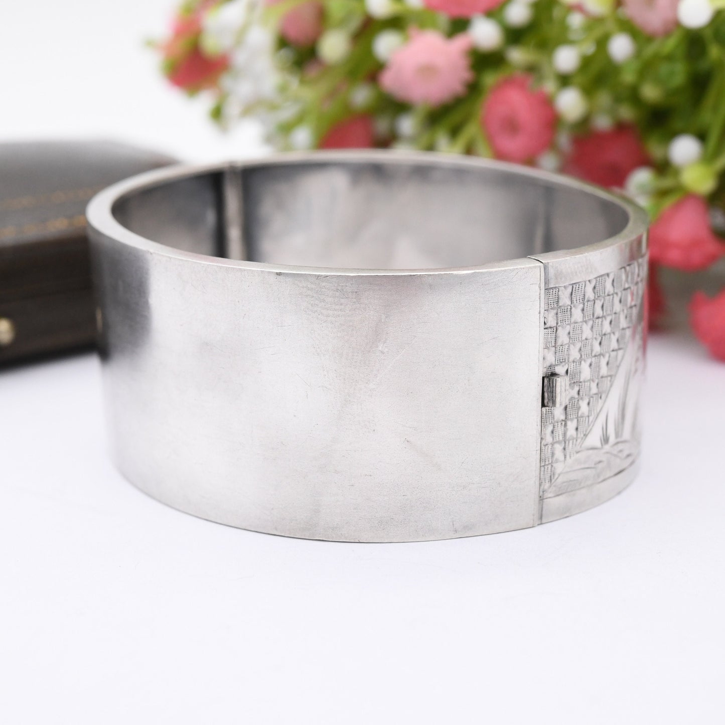 Antique Victorian Silver Aesthetic Bangle with Heron and Reed Design
