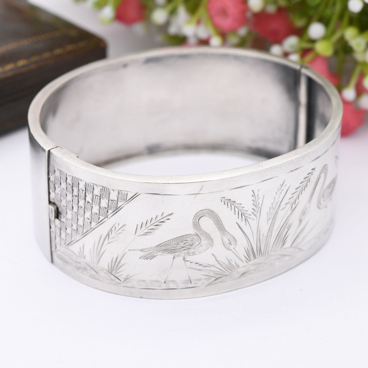Antique Victorian Silver Aesthetic Bangle with Heron and Reed Design