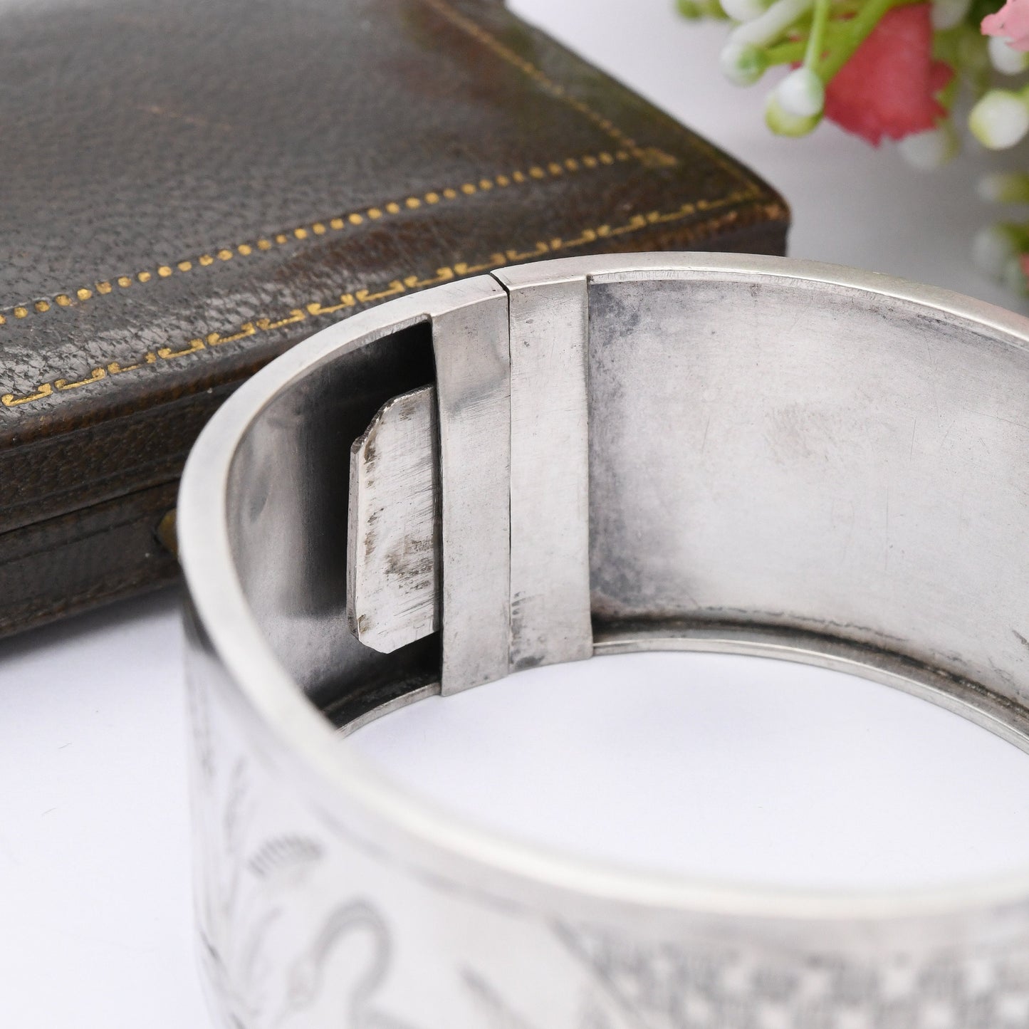 Antique Victorian Silver Aesthetic Bangle with Heron and Reed Design