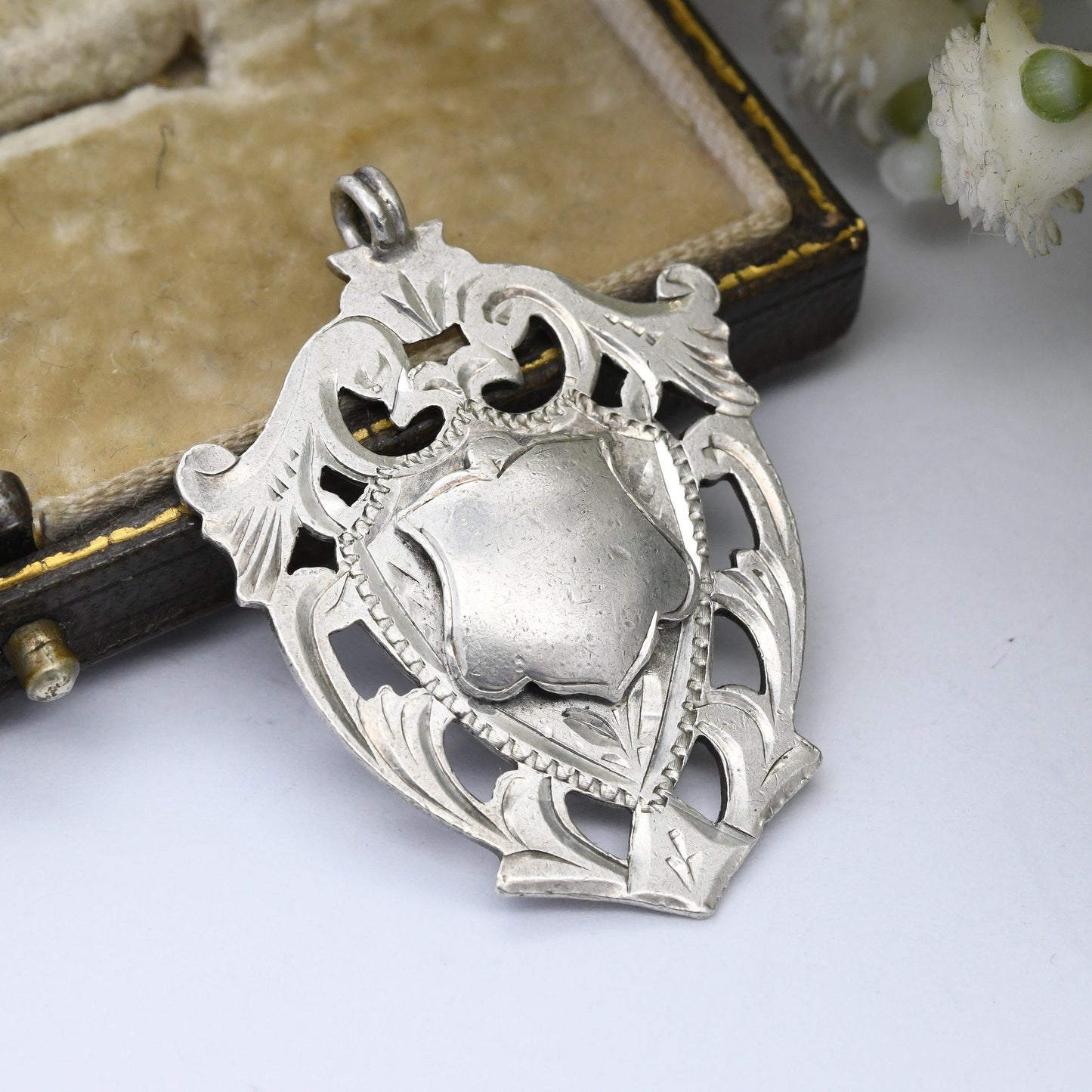 Antique Sterling Silver Watch Fob Pendant 1921 by Herbert Bushell & Son - with Blank Shield Space for Engraving