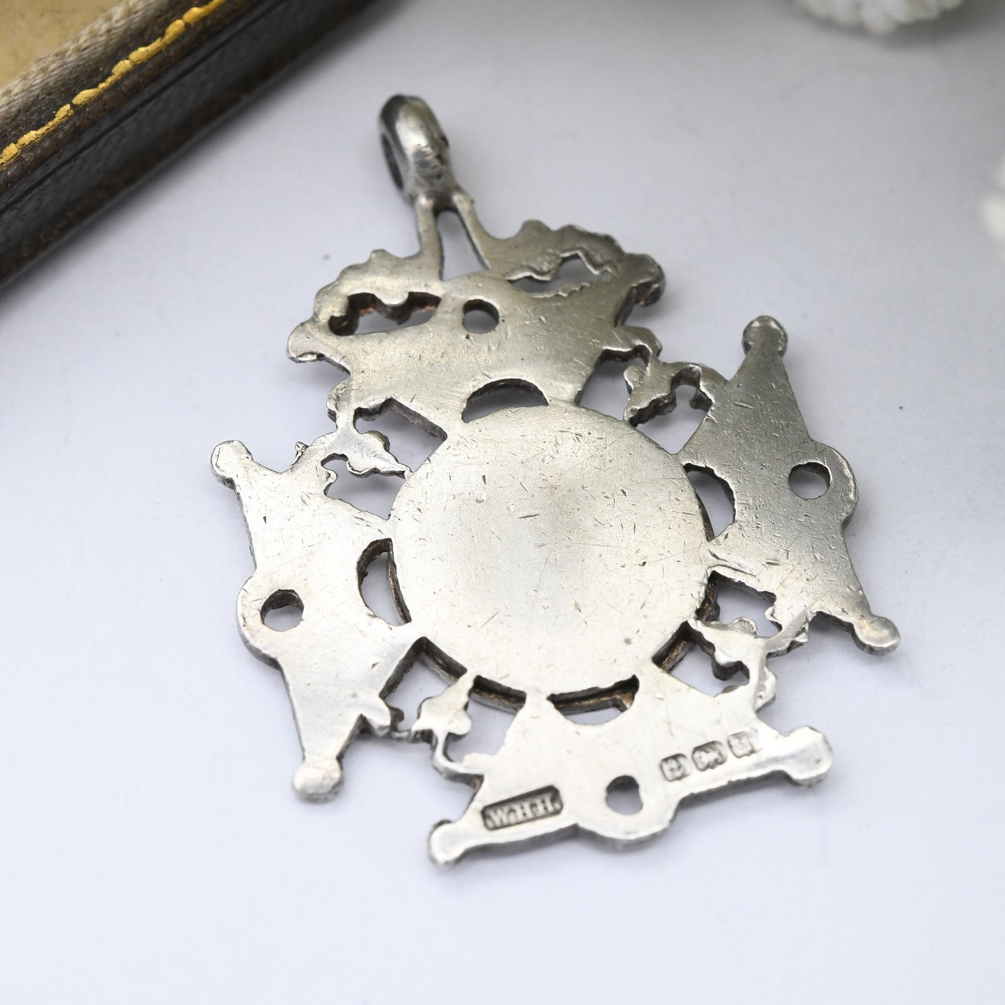 Antique Sterling Silver Watch Fob Pendant 1915 by William Hair Haseler - with Blank Space for Engraving Buckle and Shield Design