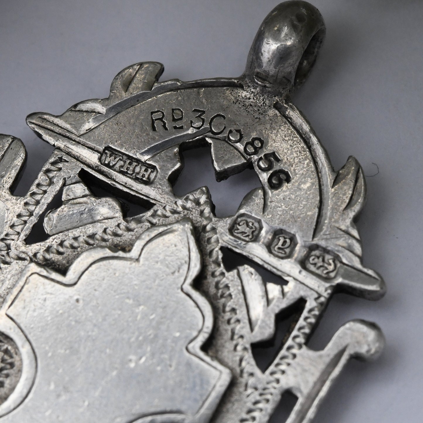 Antique Sterling Silver Watch Fob Pendant 1898 by William Hair Haseler - with Rose Gold Shield Front | RD 303856
