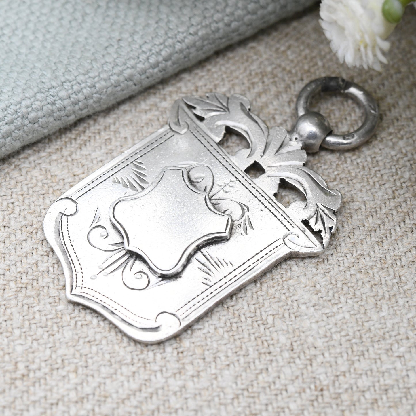 Antique Victorian Sterling Silver Watch Fob Pendant 1897 by William Light - with Blank Shield for Engraving | Victorian Pendant