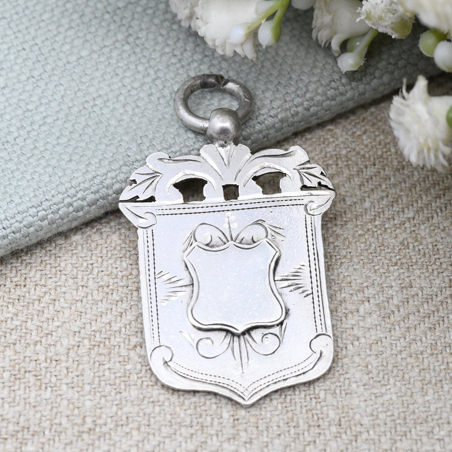 Antique Victorian Sterling Silver Watch Fob Pendant 1897 by William Light - with Blank Shield for Engraving | Victorian Pendant