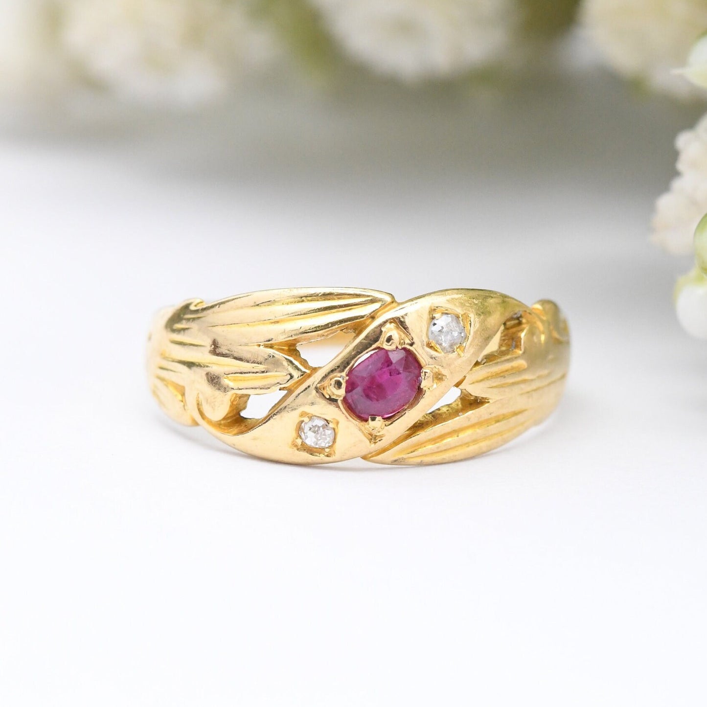Antique 18ct Gold Ruby Diamond Three Stone Ring - Unusual Victorian Gypsy Ring | UK Size - M | US Size - 6 1/4