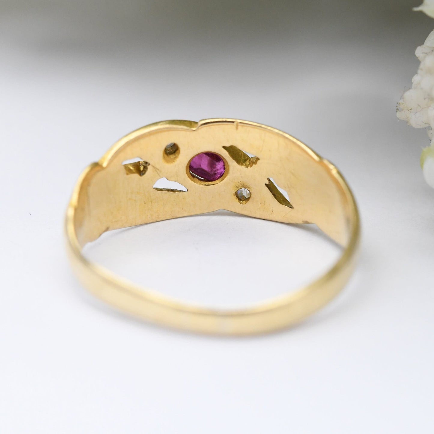 Antique 18ct Gold Ruby Diamond Three Stone Ring - Unusual Victorian Gypsy Ring | UK Size - M | US Size - 6 1/4