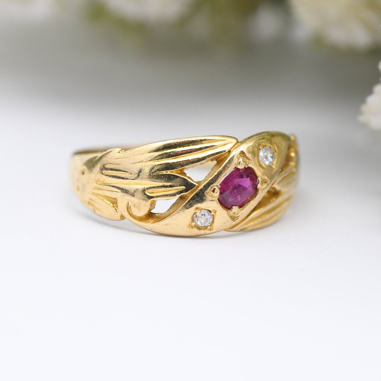 Antique 18ct Gold Ruby Diamond Three Stone Ring - Unusual Victorian Gypsy Ring | UK Size - M | US Size - 6 1/4