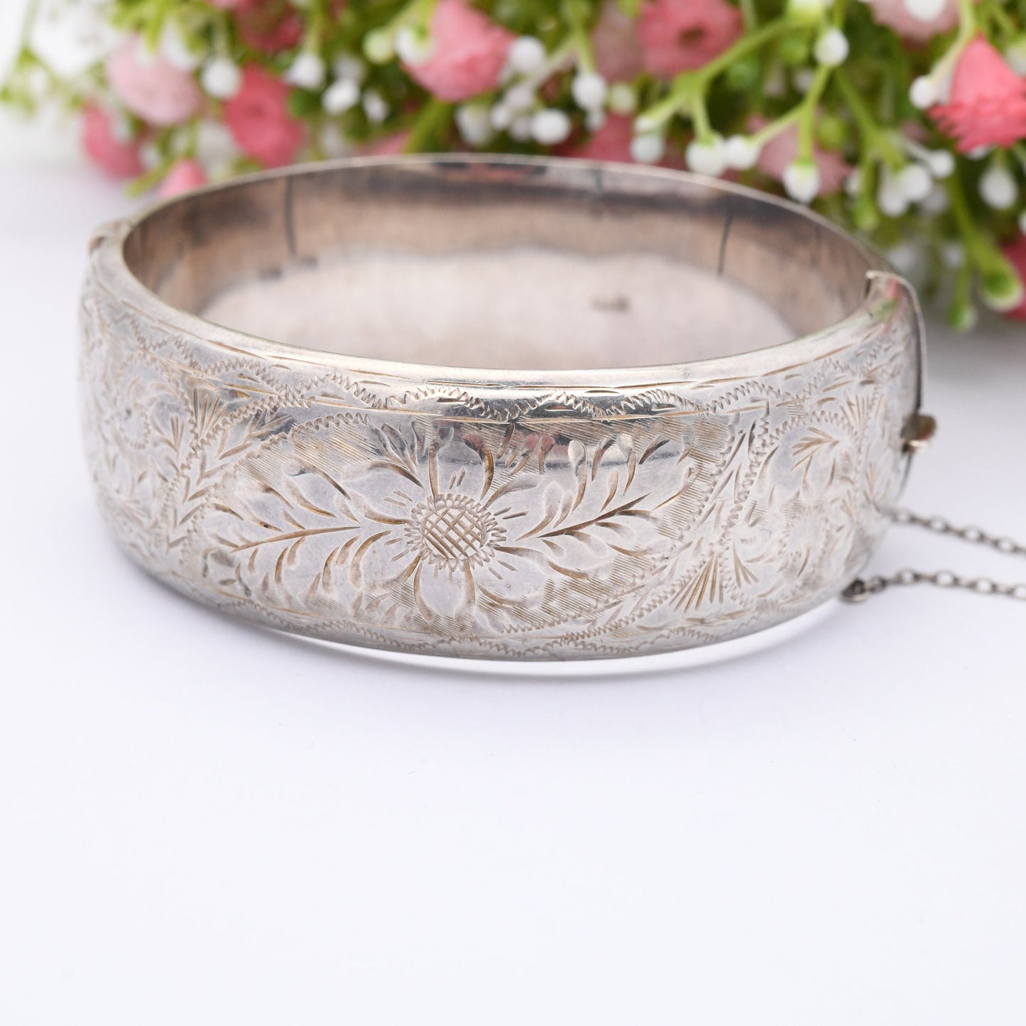 Vintage Sterling Silver Floral Bangle Bracelet 1962 by Joseph Smith - Chunky Victorian Aesthetic Style | with Safety Chain