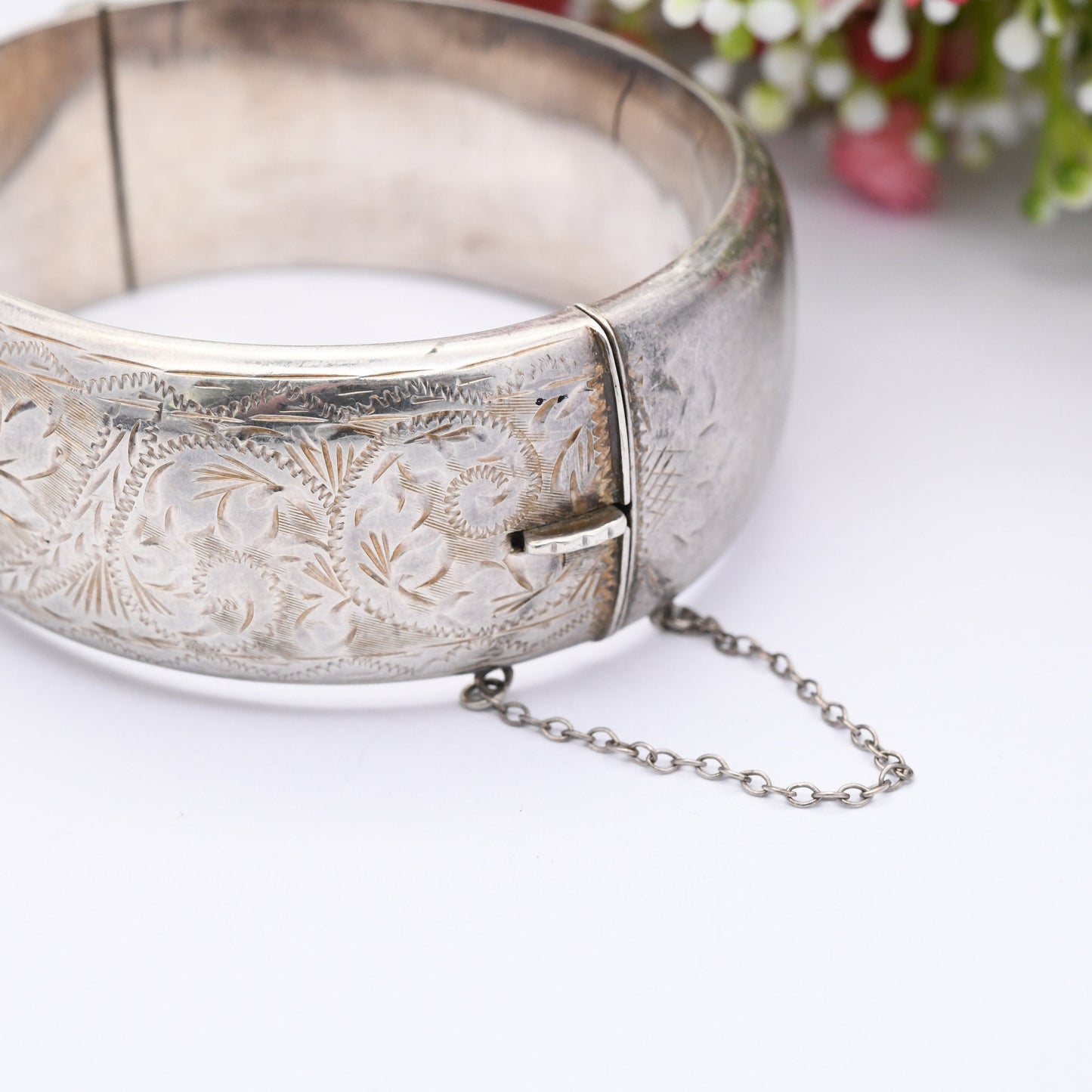 Vintage Sterling Silver Floral Bangle Bracelet 1962 by Joseph Smith - Chunky Victorian Aesthetic Style | with Safety Chain