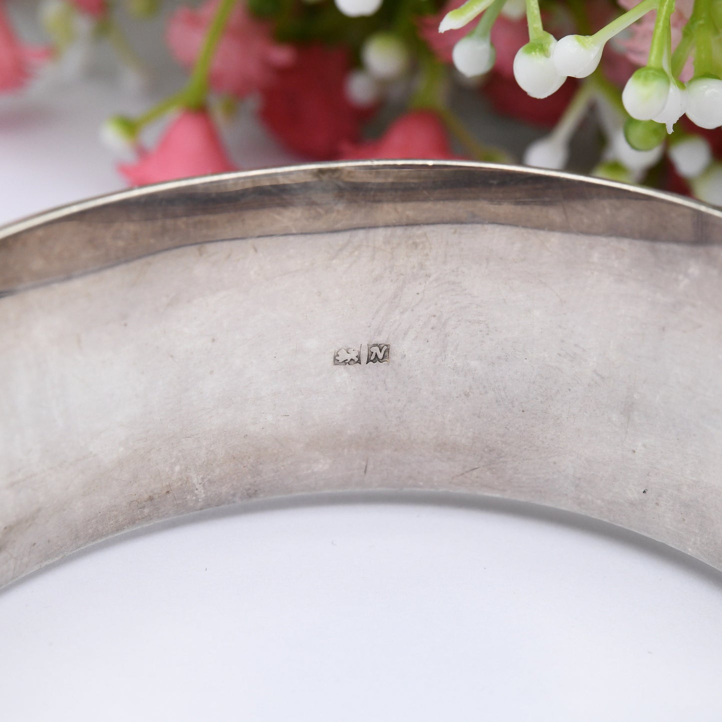 Vintage Sterling Silver Floral Bangle Bracelet 1962 by Joseph Smith - Chunky Victorian Aesthetic Style | with Safety Chain