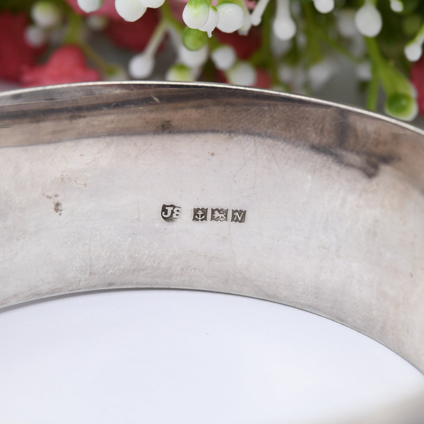 Vintage Sterling Silver Floral Bangle Bracelet 1962 by Joseph Smith - Chunky Victorian Aesthetic Style | with Safety Chain