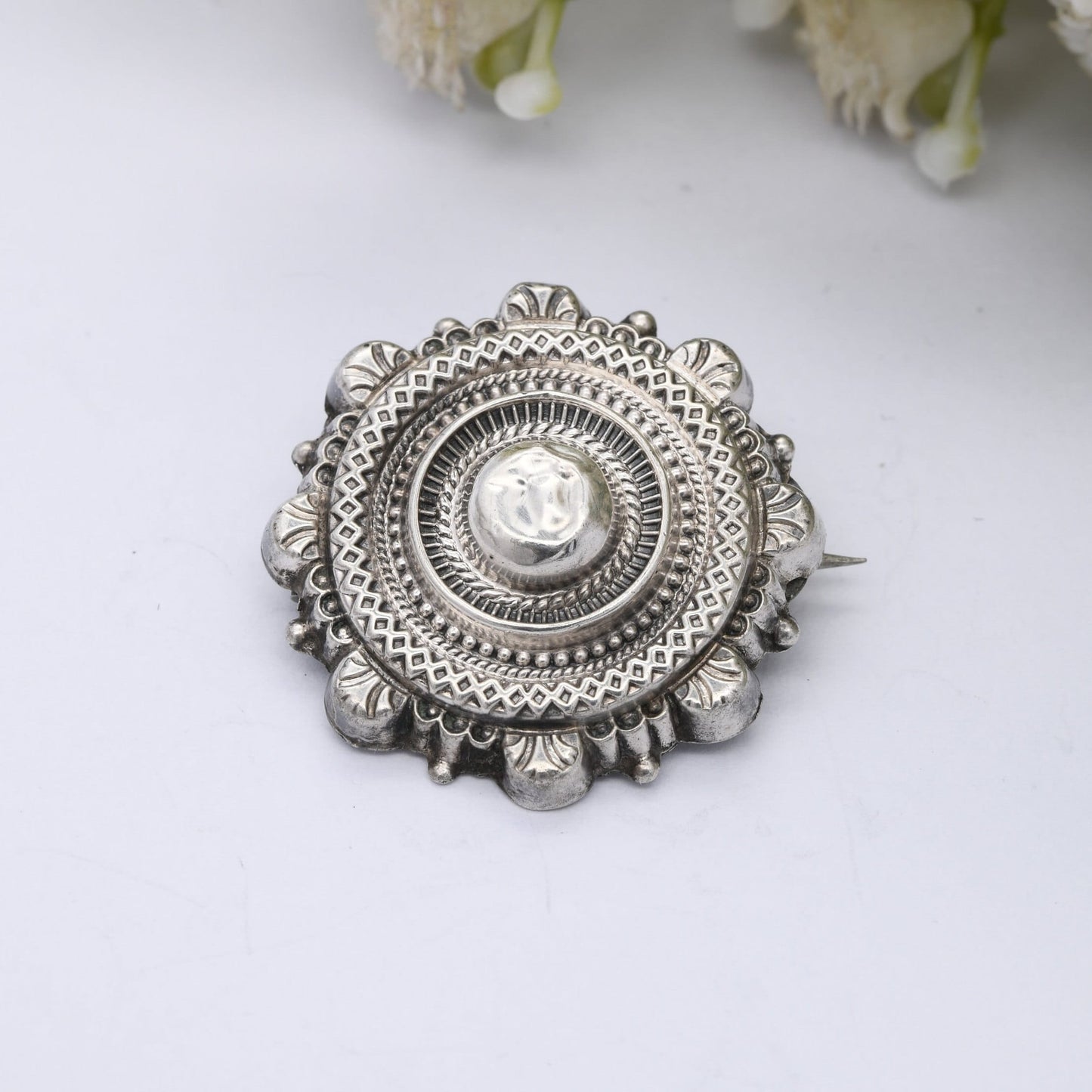 Antique Victorian Sterling Silver Brooch 1886 - Victorian Aesthetic Etruscan Revival | Textured Circle with Granulation