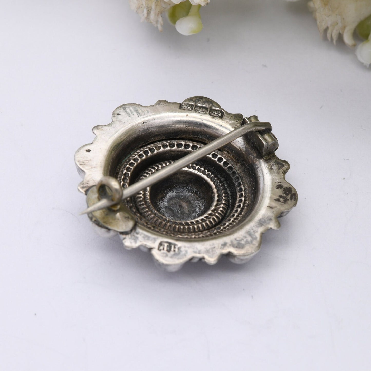 Antique Victorian Sterling Silver Brooch 1886 - Victorian Aesthetic Etruscan Revival | Textured Circle with Granulation