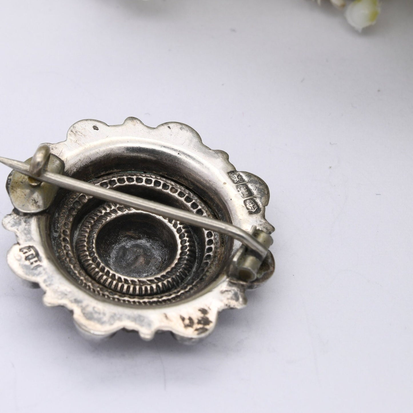 Antique Victorian Sterling Silver Brooch 1886 - Victorian Aesthetic Etruscan Revival | Textured Circle with Granulation