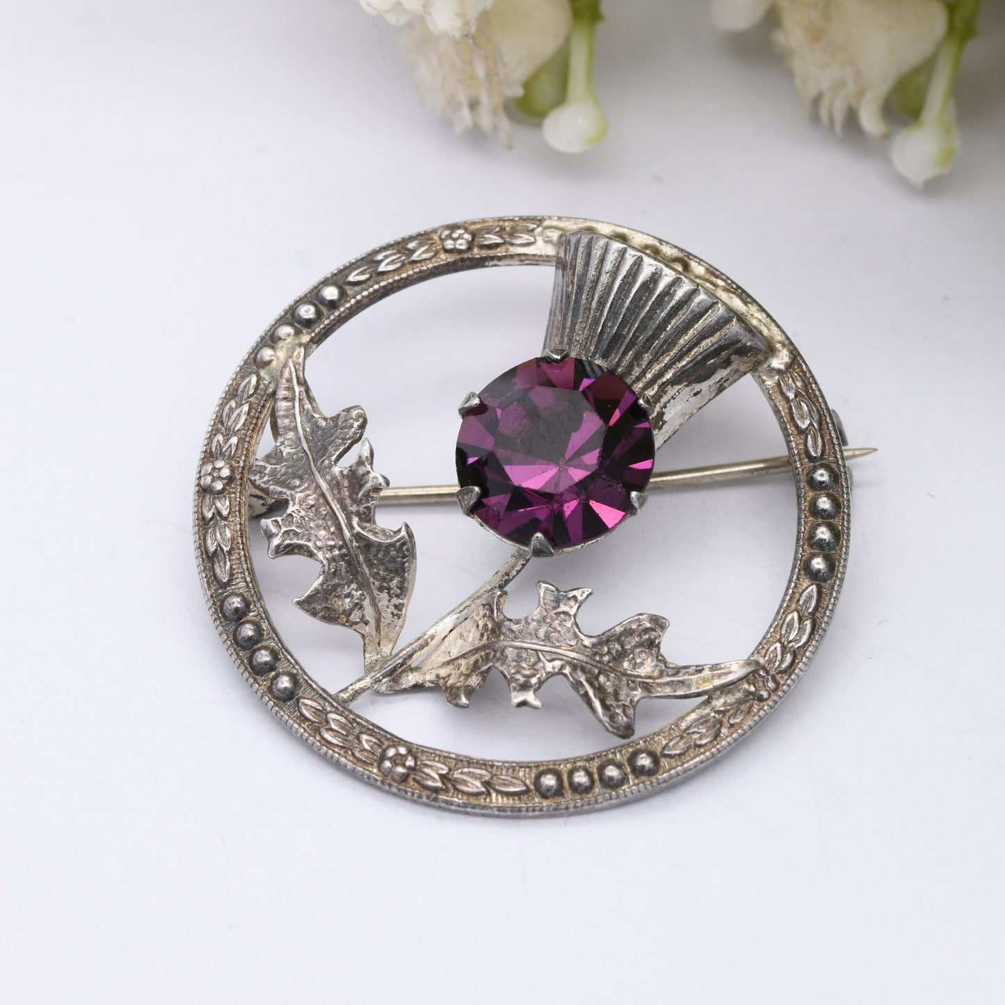 Vintage Ward Brothers Sterling Silver Scottish Thistle Brooch - Purple Amethyst Paste Stone