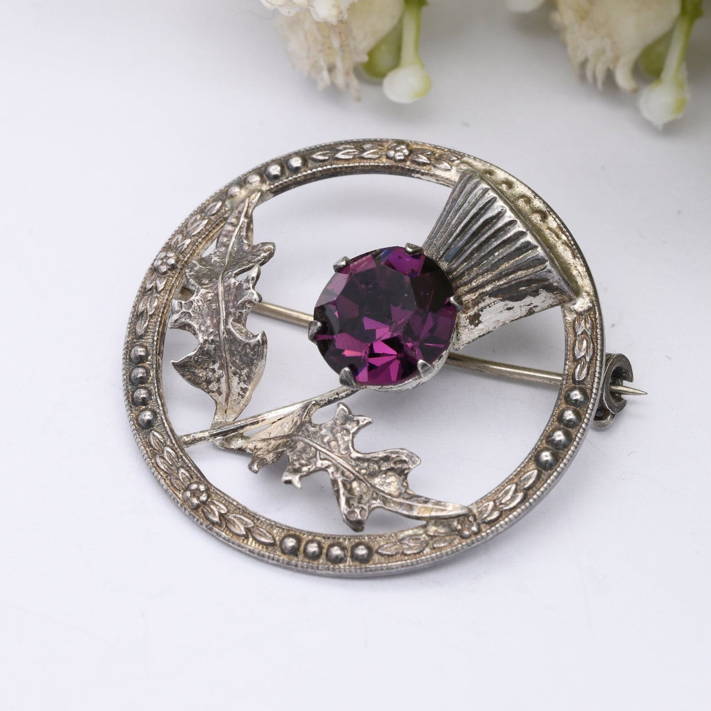Vintage Ward Brothers Sterling Silver Scottish Thistle Brooch - Purple Amethyst Paste Stone