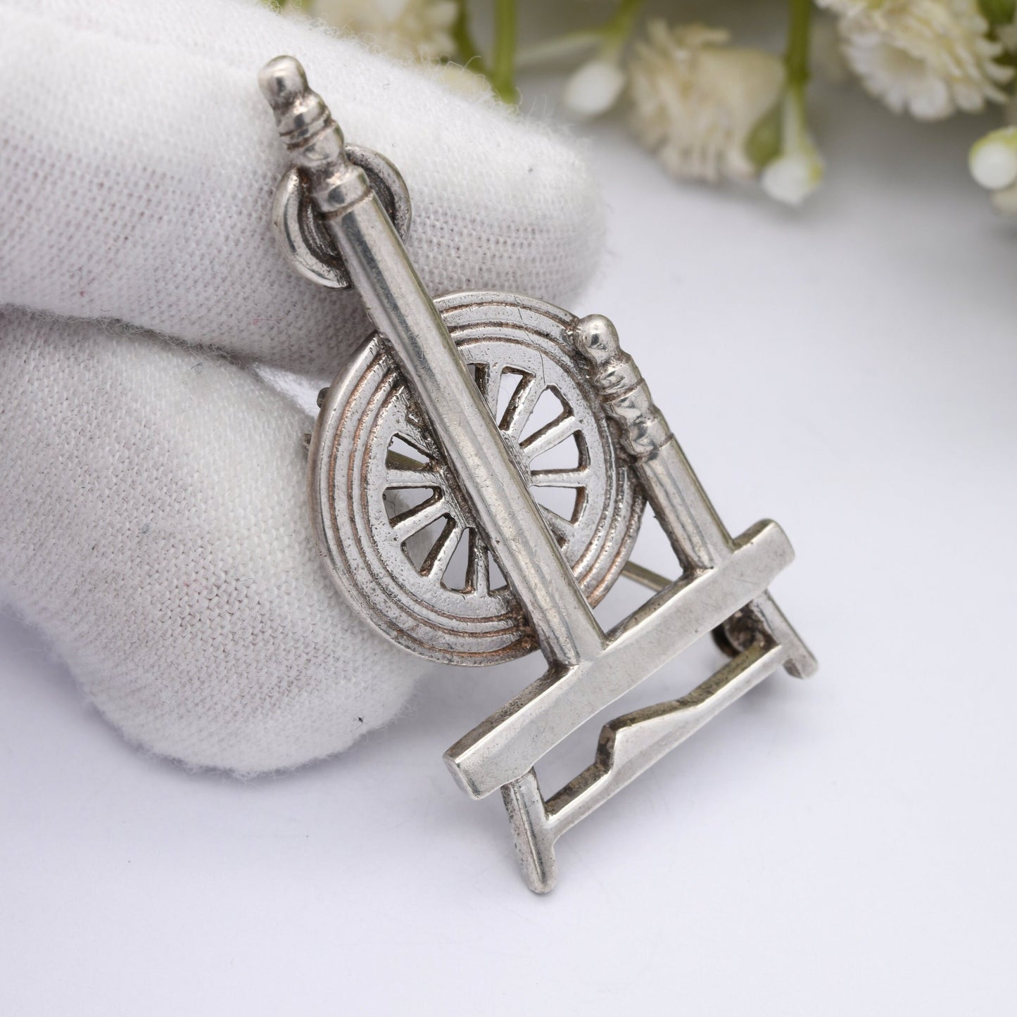 Vintage Sterling Silver Spinning Wheel Brooch 1979 by Shetland Silvercraft - Mid-Century Sculptural Scottish Silver | Edinburgh Hallmarks
